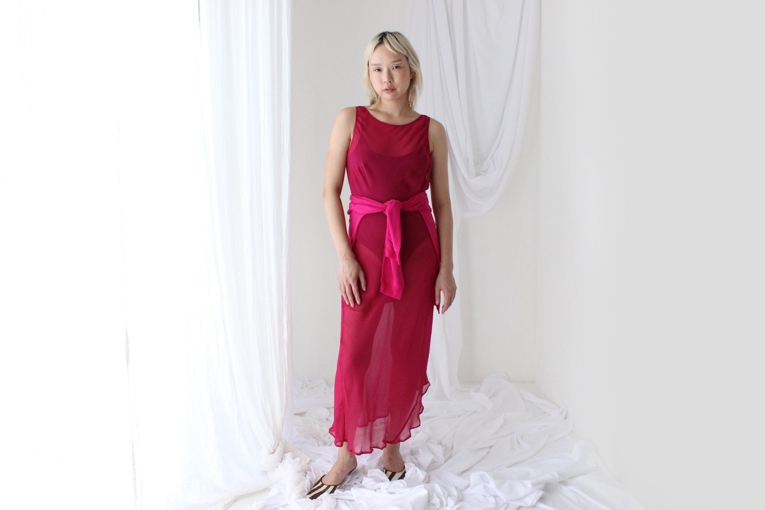 90s PURE SILK Georgette Sheer Magenta Minimal Bias Cut Dress