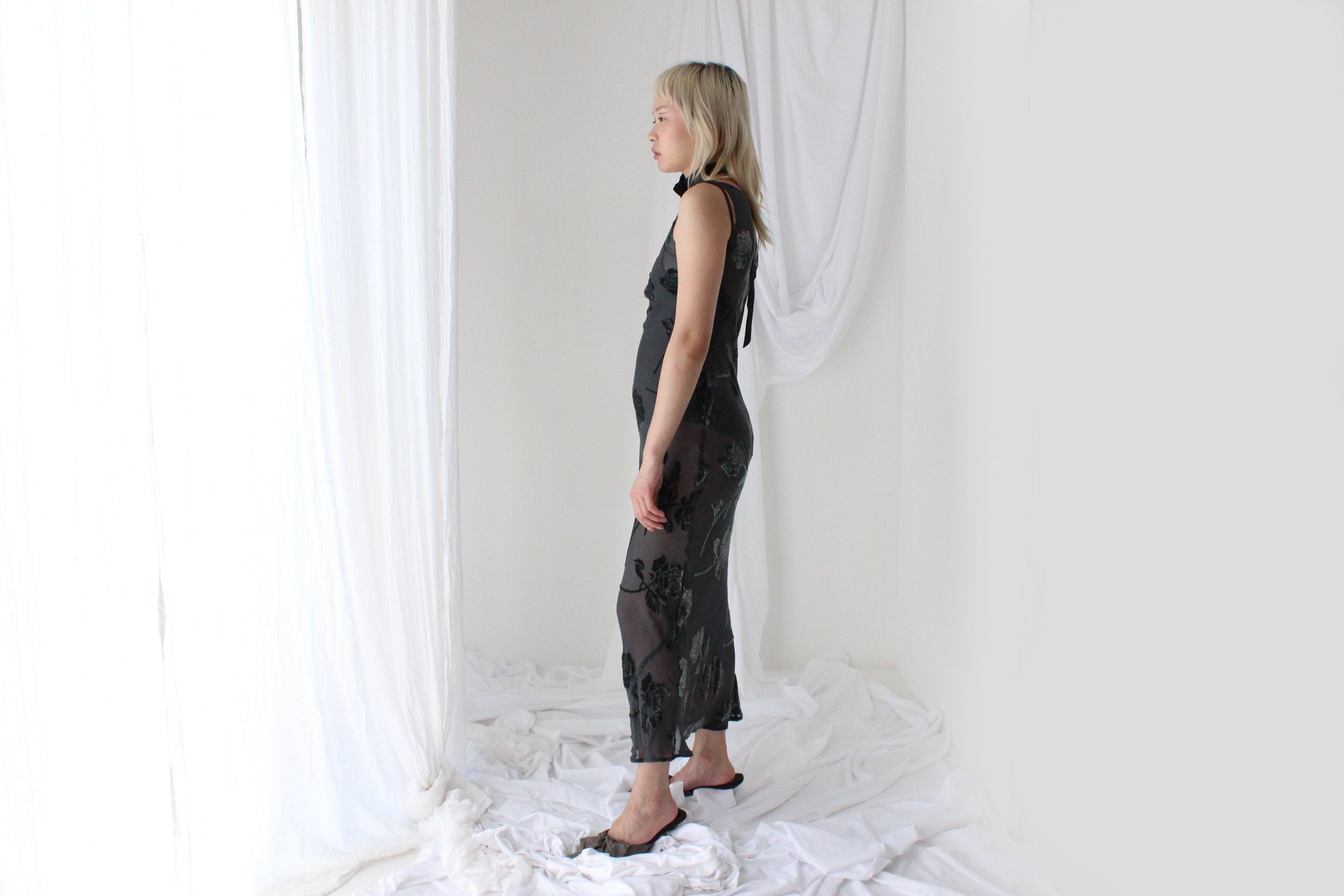 90s Enchanted Forest PURE SILK VELVET Floral Burnout Bias Cut Gown