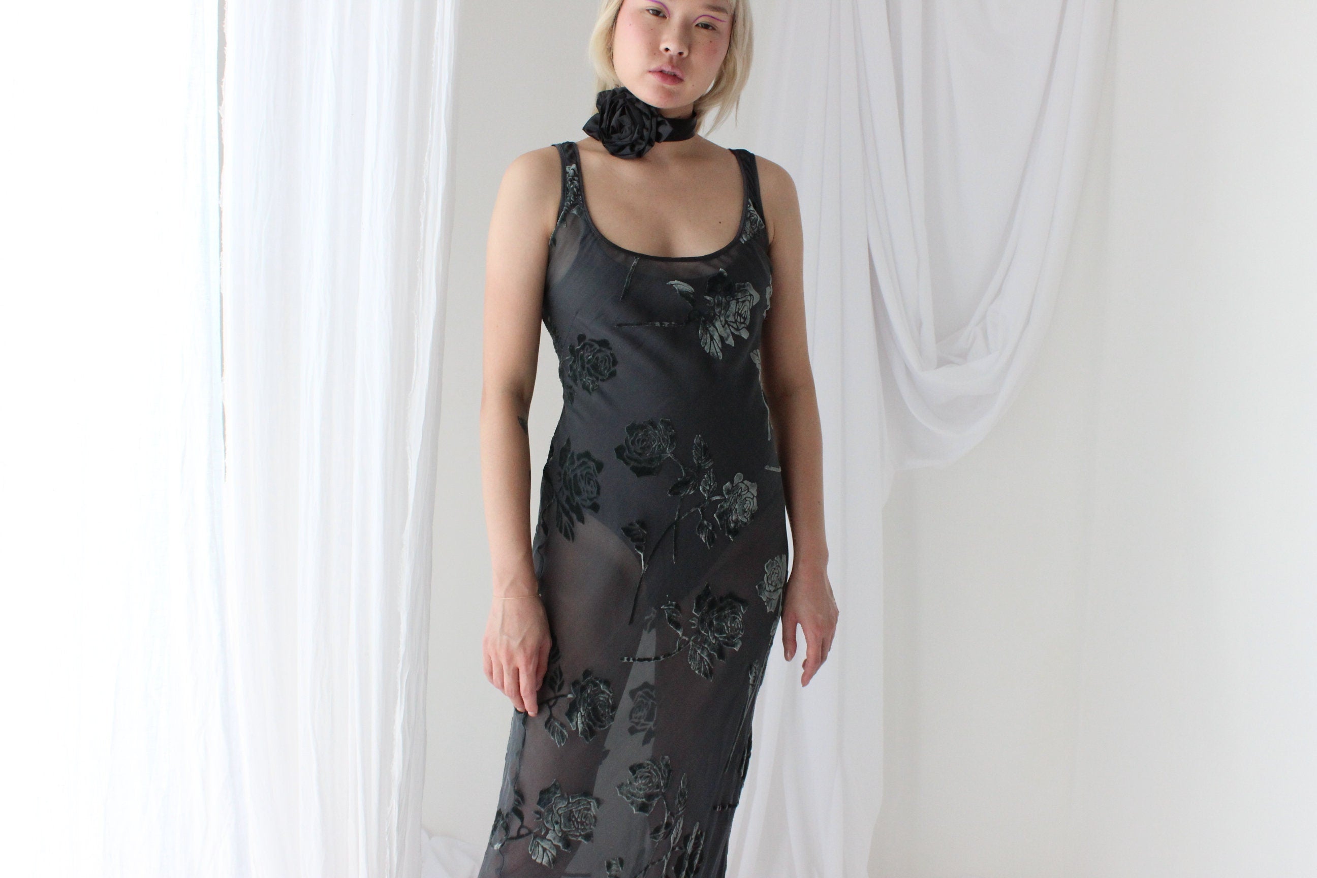 90s Enchanted Forest PURE SILK VELVET Floral Burnout Bias Cut Gown