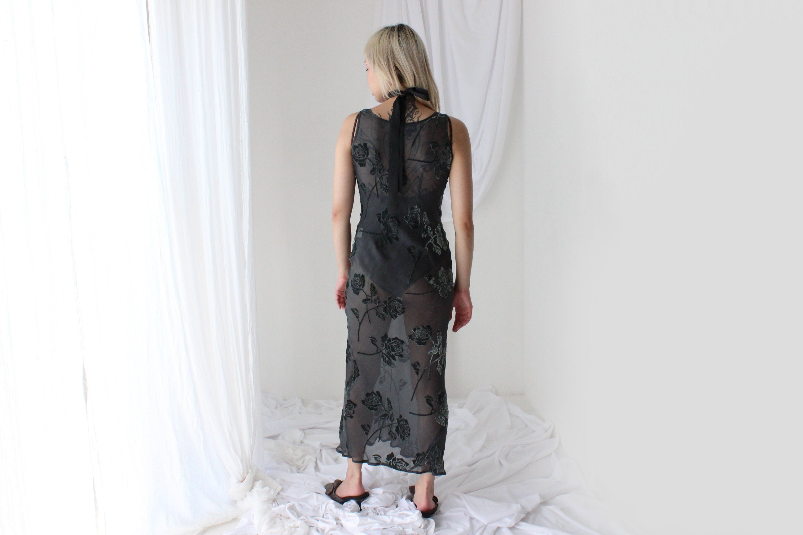 90s Enchanted Forest PURE SILK VELVET Floral Burnout Bias Cut Gown