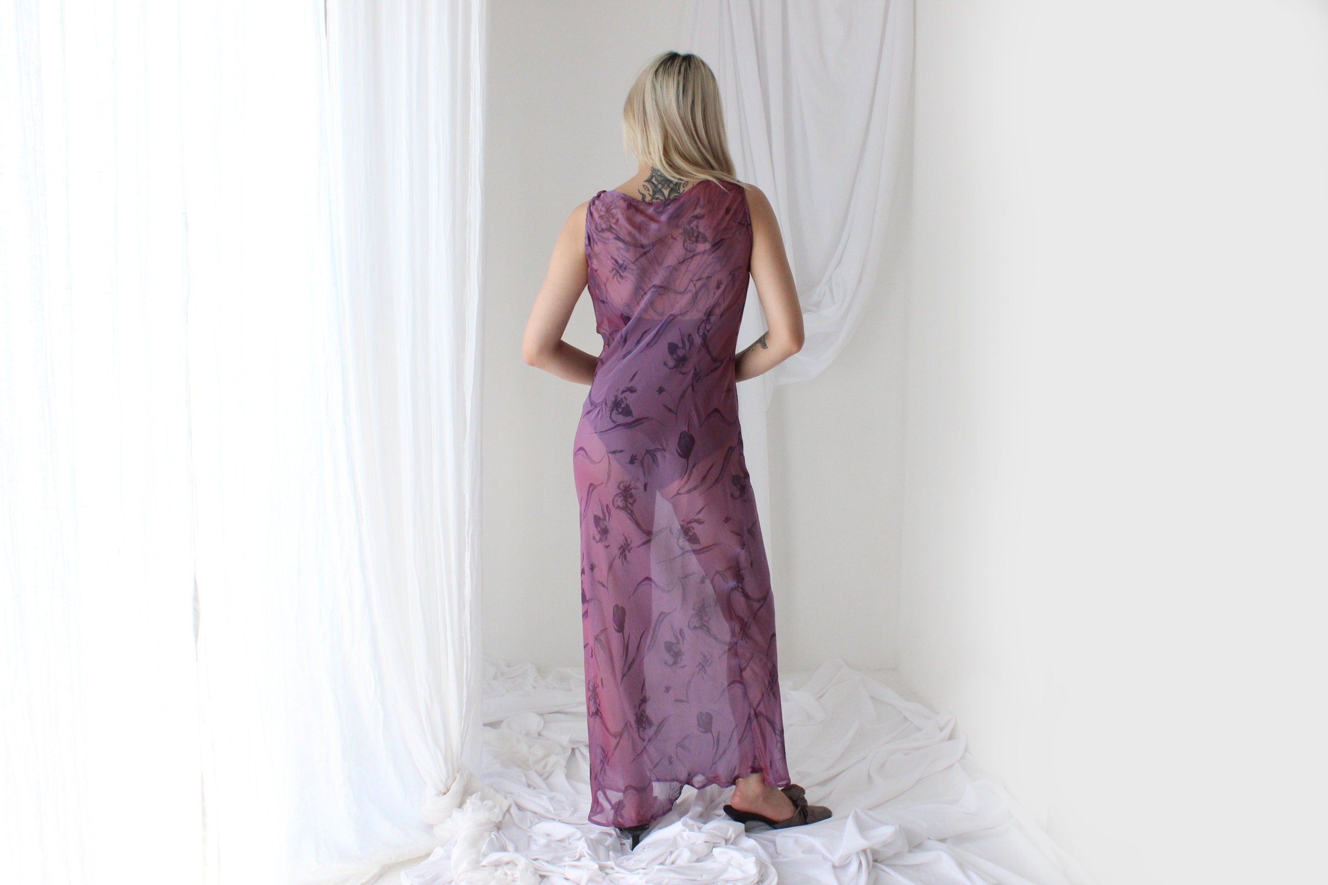 Y2K PURE SILK Holographic Shimmer Sheer Cowl Neck Gown