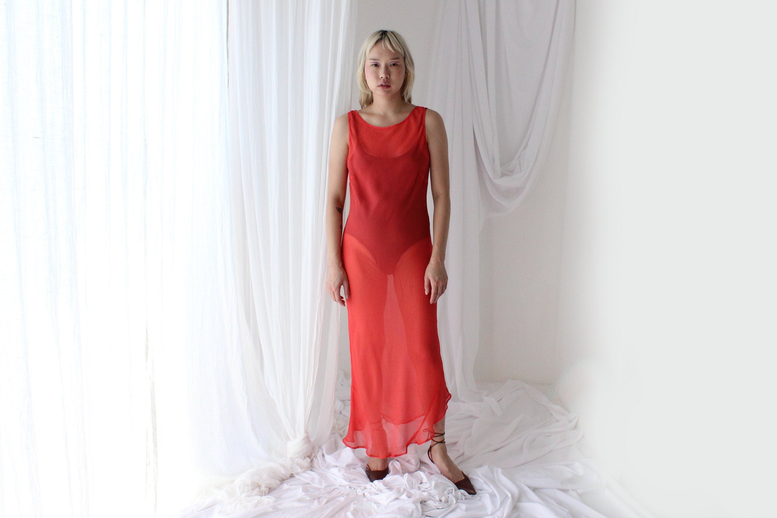 90s PURE SILK Georgette Sheer Coral Minimal Simple Bias Cut/High Neck Sleeveless Dress
