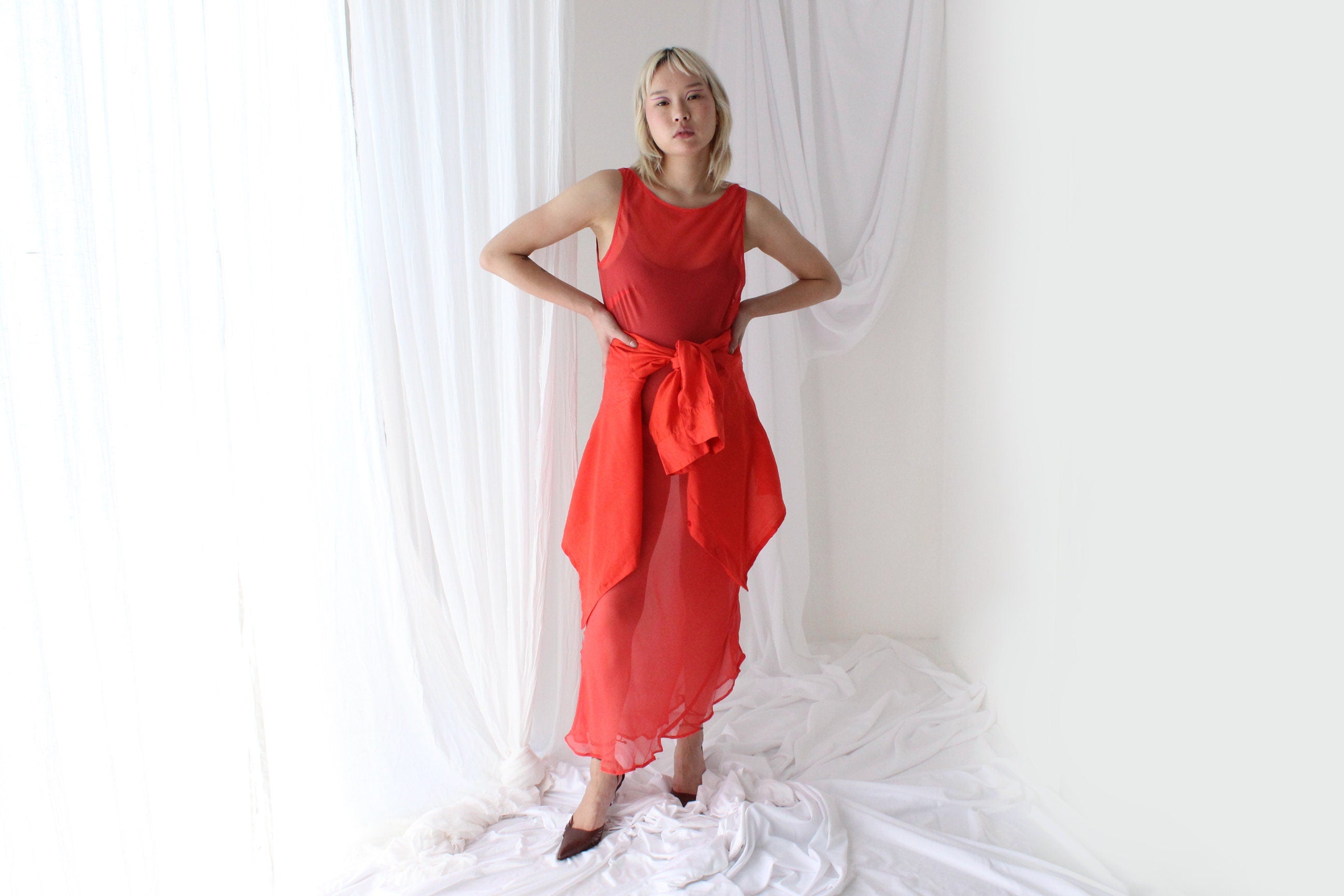 90s PURE SILK Georgette Sheer Coral Minimal Simple Bias Cut/High Neck Sleeveless Dress