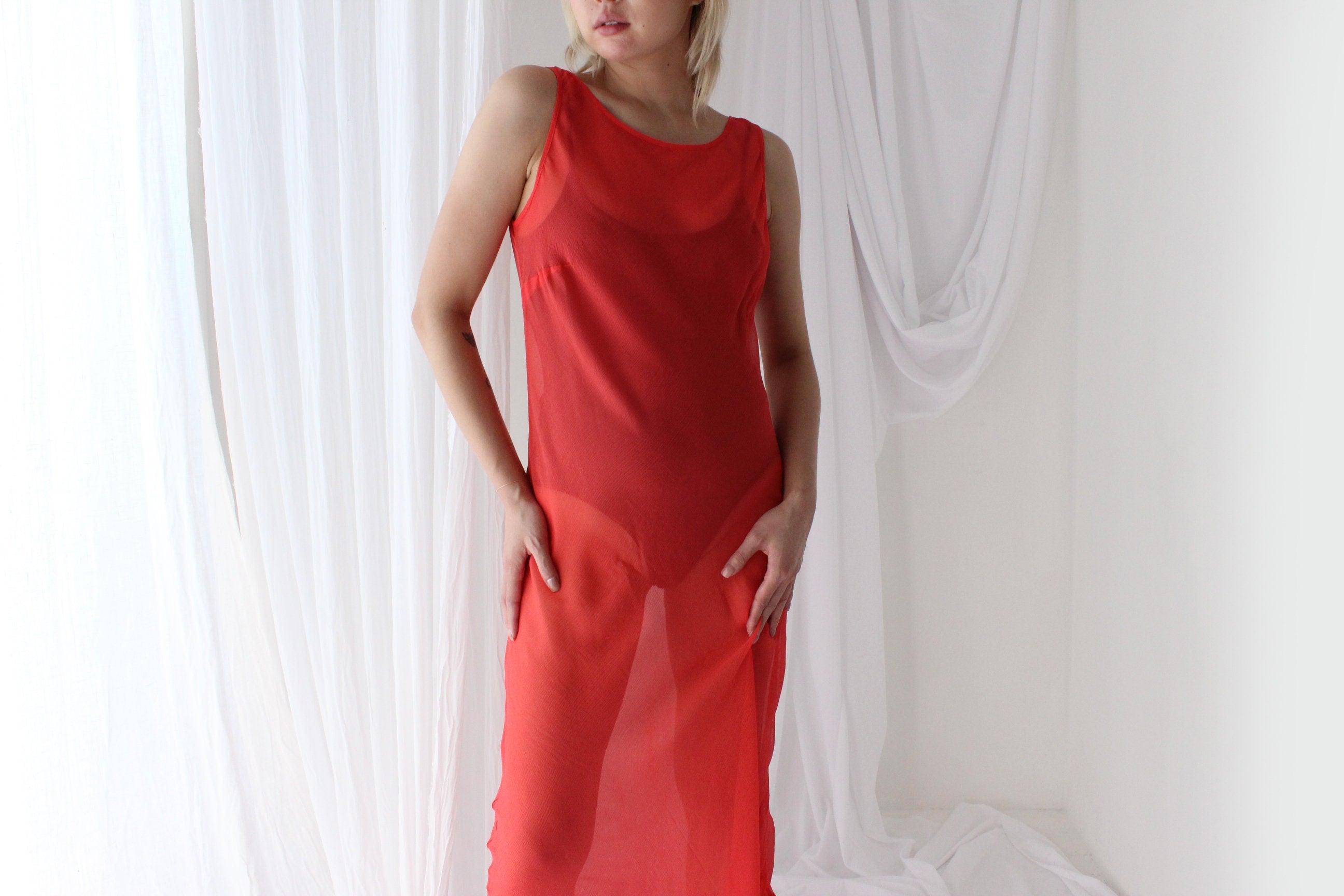 90s PURE SILK Georgette Sheer Coral Minimal Simple Bias Cut/High Neck Sleeveless Dress
