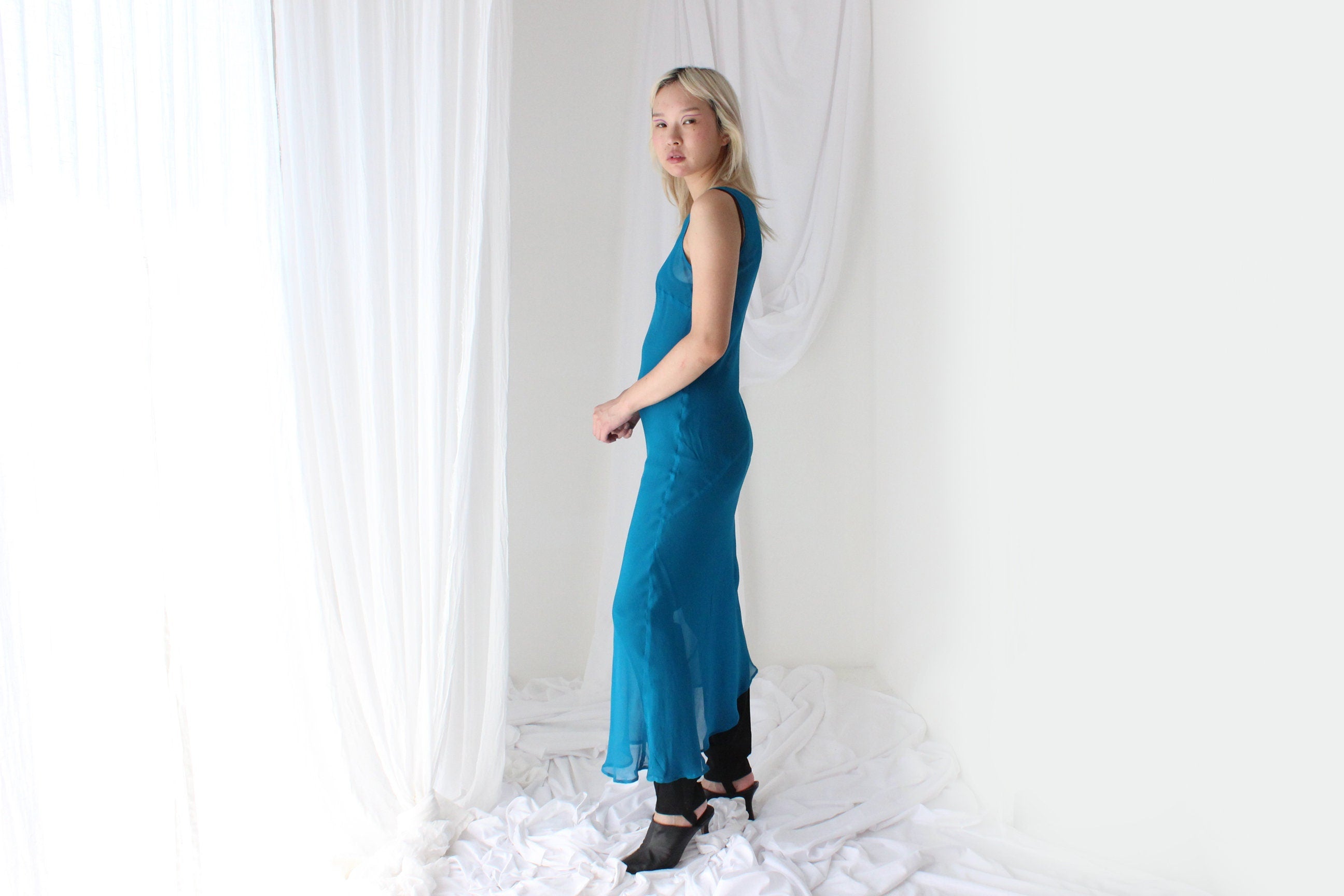 90s PURE SILK Georgette Sheer Teal Bias Cut Dress