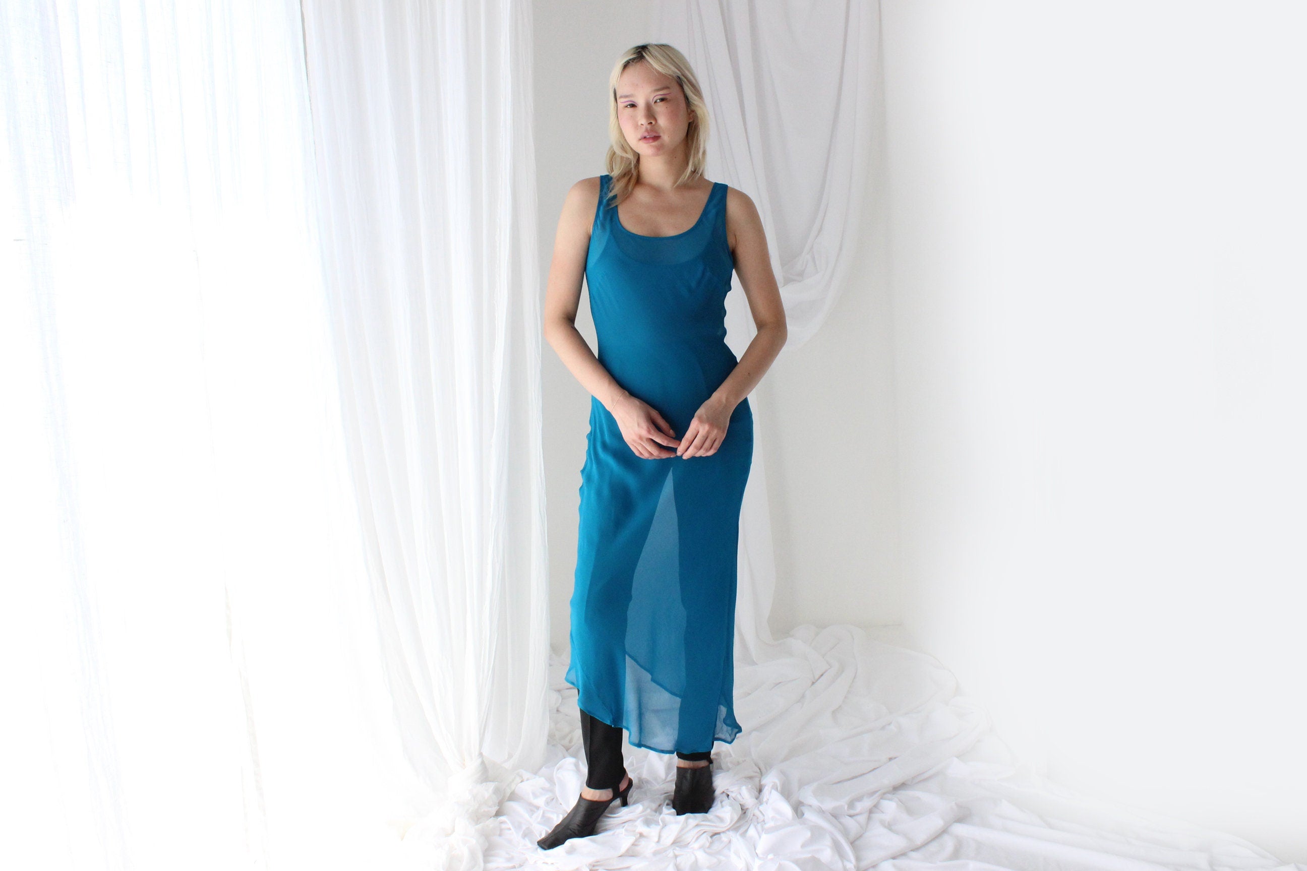 90s PURE SILK Georgette Sheer Teal Bias Cut Dress