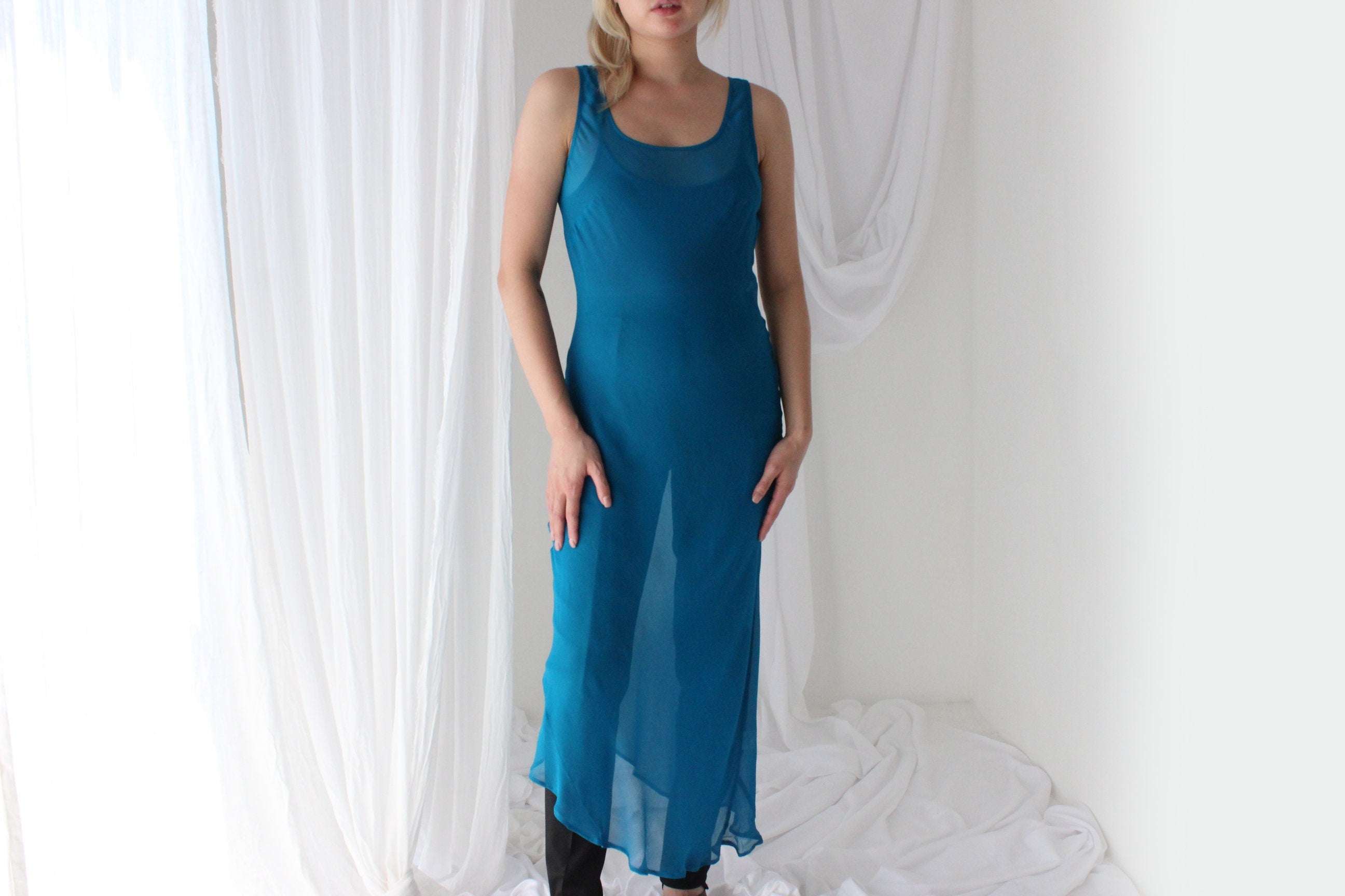 90s PURE SILK Georgette Sheer Teal Bias Cut Dress