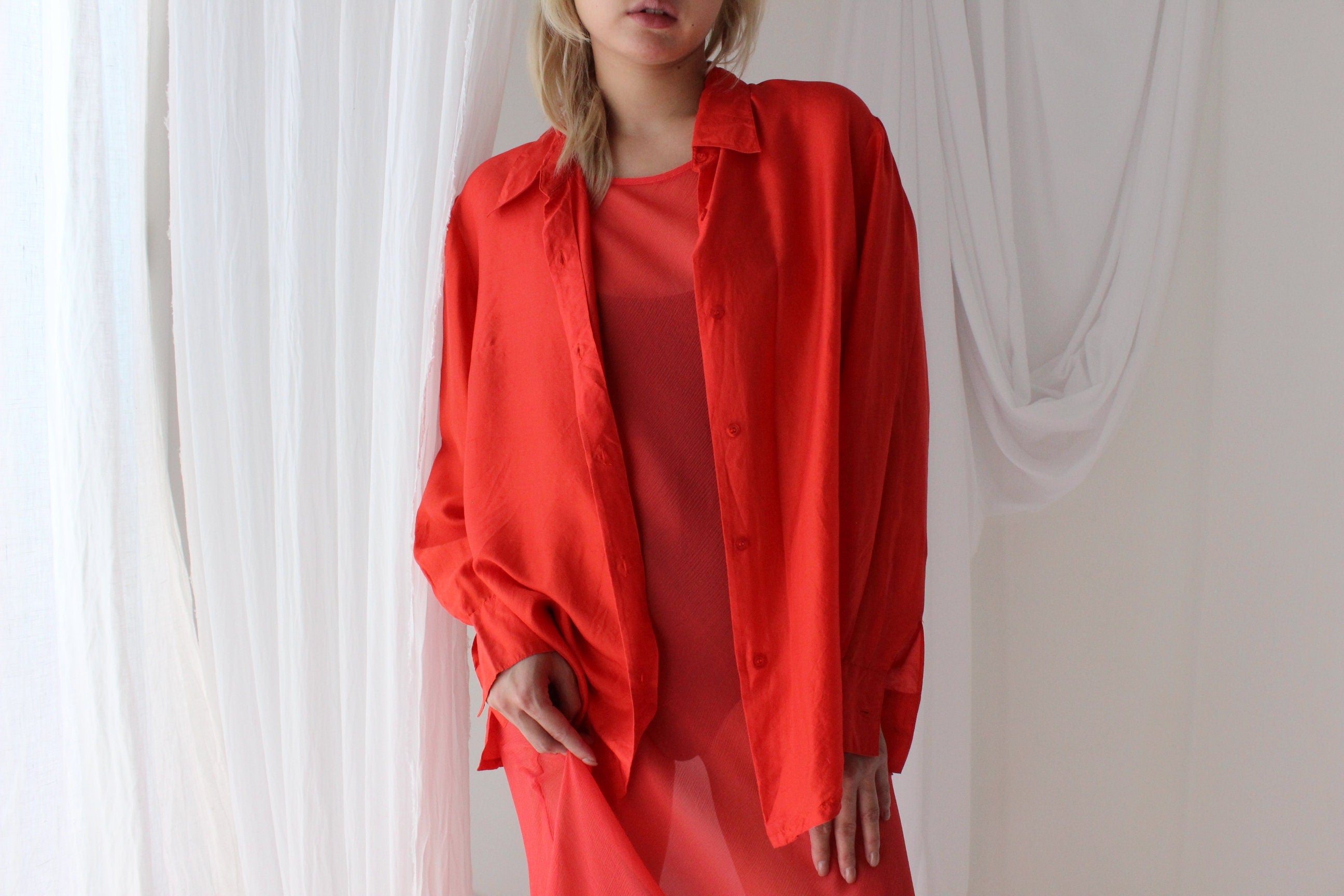 80s Coral Silk Luxury Oversized Shirt