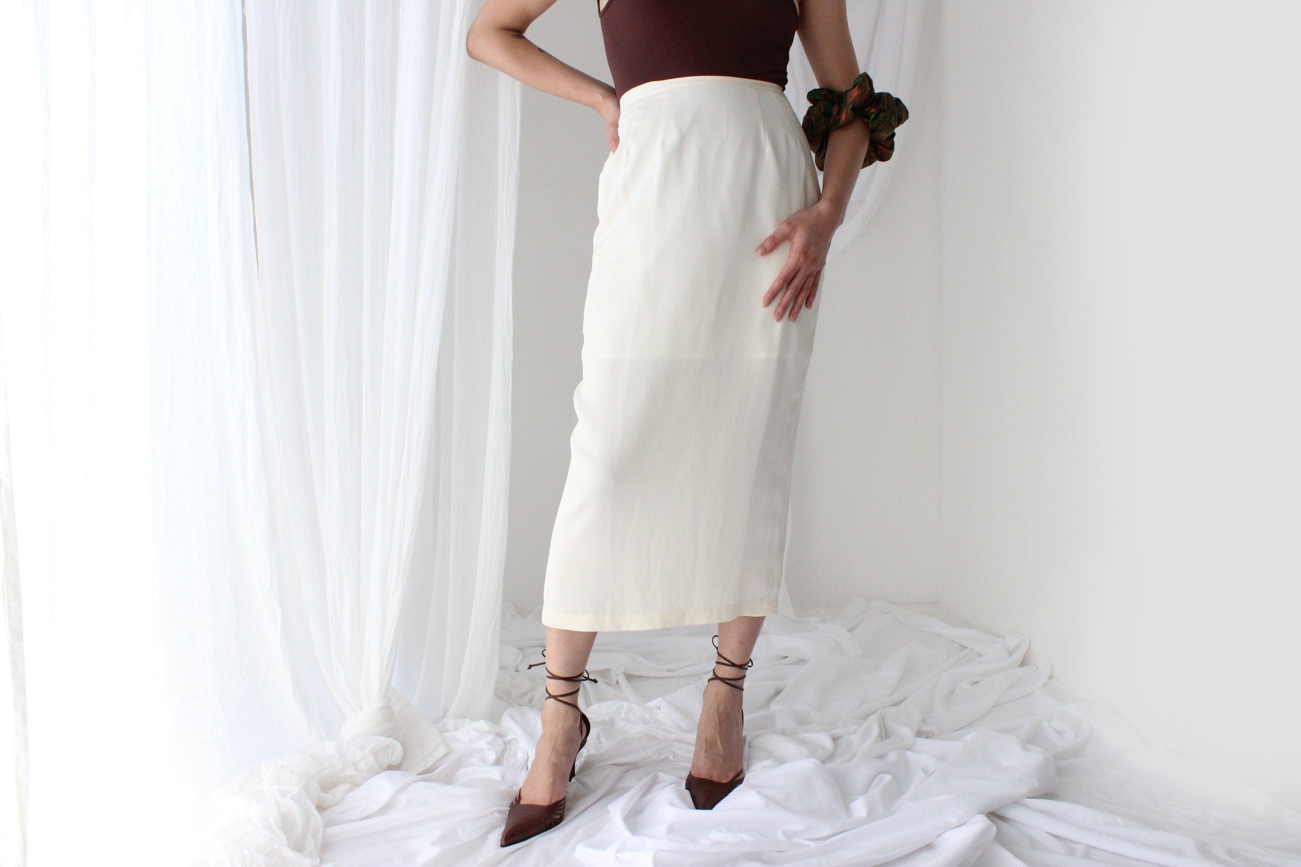 80s Ivory Silk Minimal High Waist Pencil Skirt