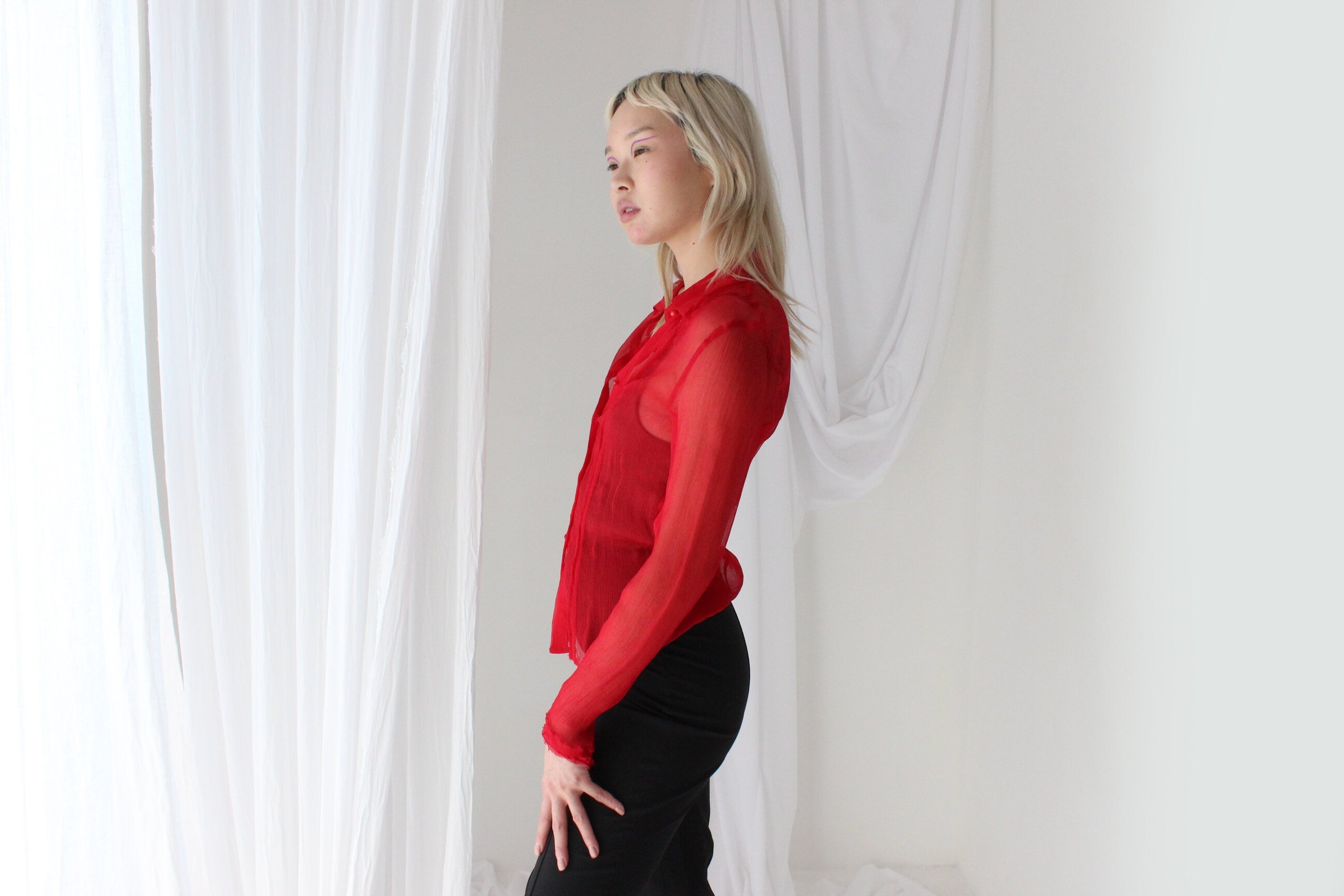 90s Crinkle Silk Crêpe Chiffon Sheer & Sexy Button Up Blouse