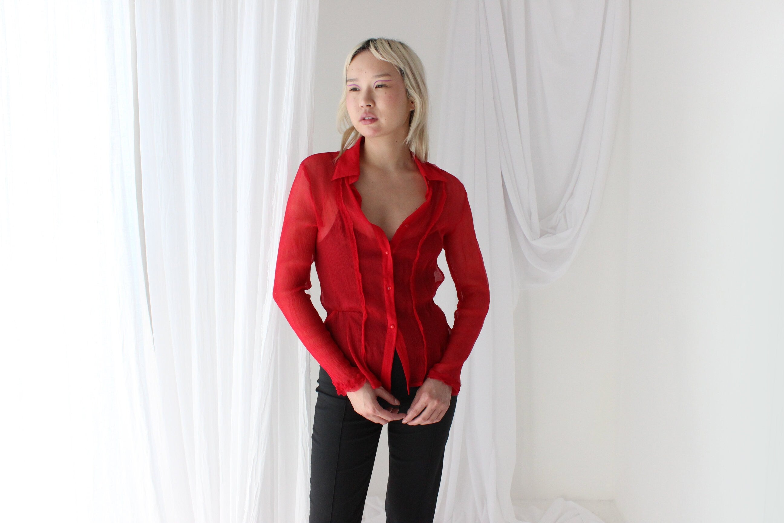 90s Crinkle Silk Crêpe Chiffon Sheer & Sexy Button Up Blouse