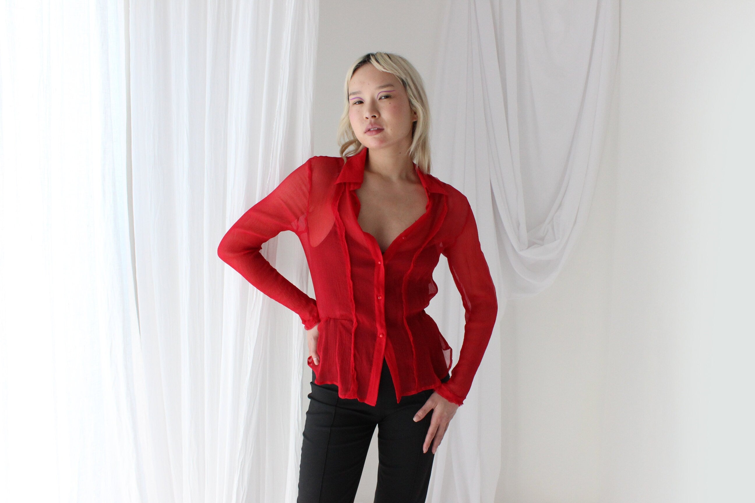 90s Crinkle Silk Crêpe Chiffon Sheer & Sexy Button Up Blouse