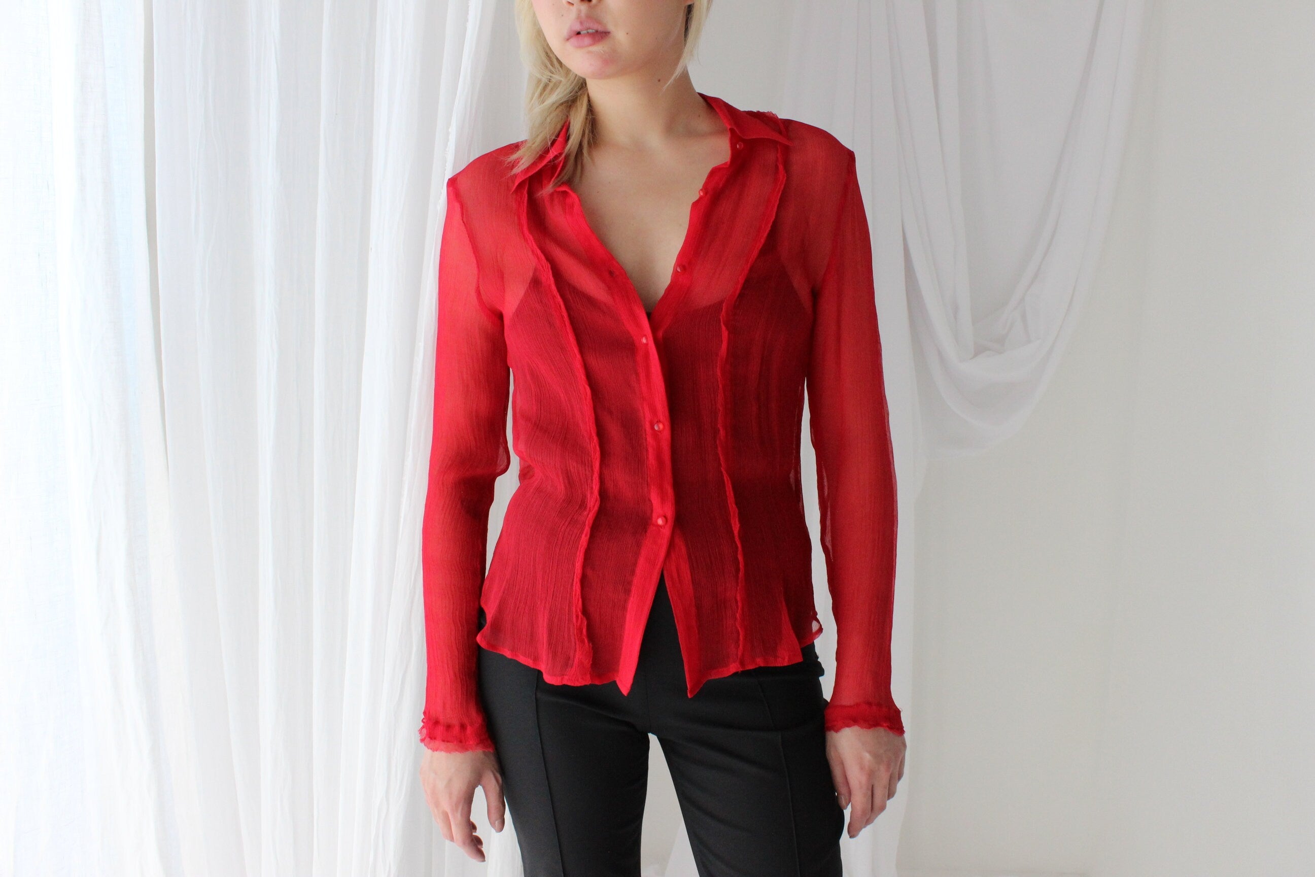 90s Crinkle Silk Crêpe Chiffon Sheer & Sexy Button Up Blouse