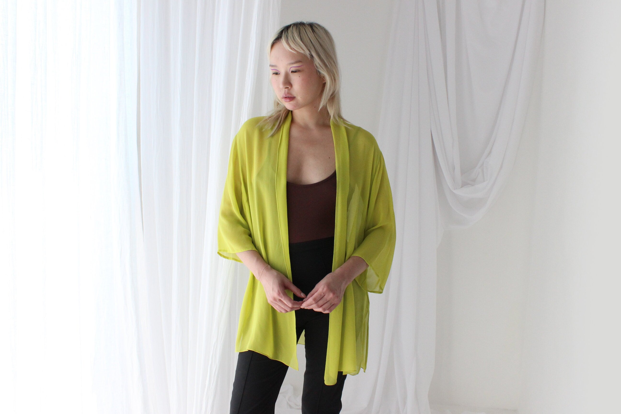 Luxury 90s PURE SILK GEORGETTE Vibrant Chartreuse Kimono