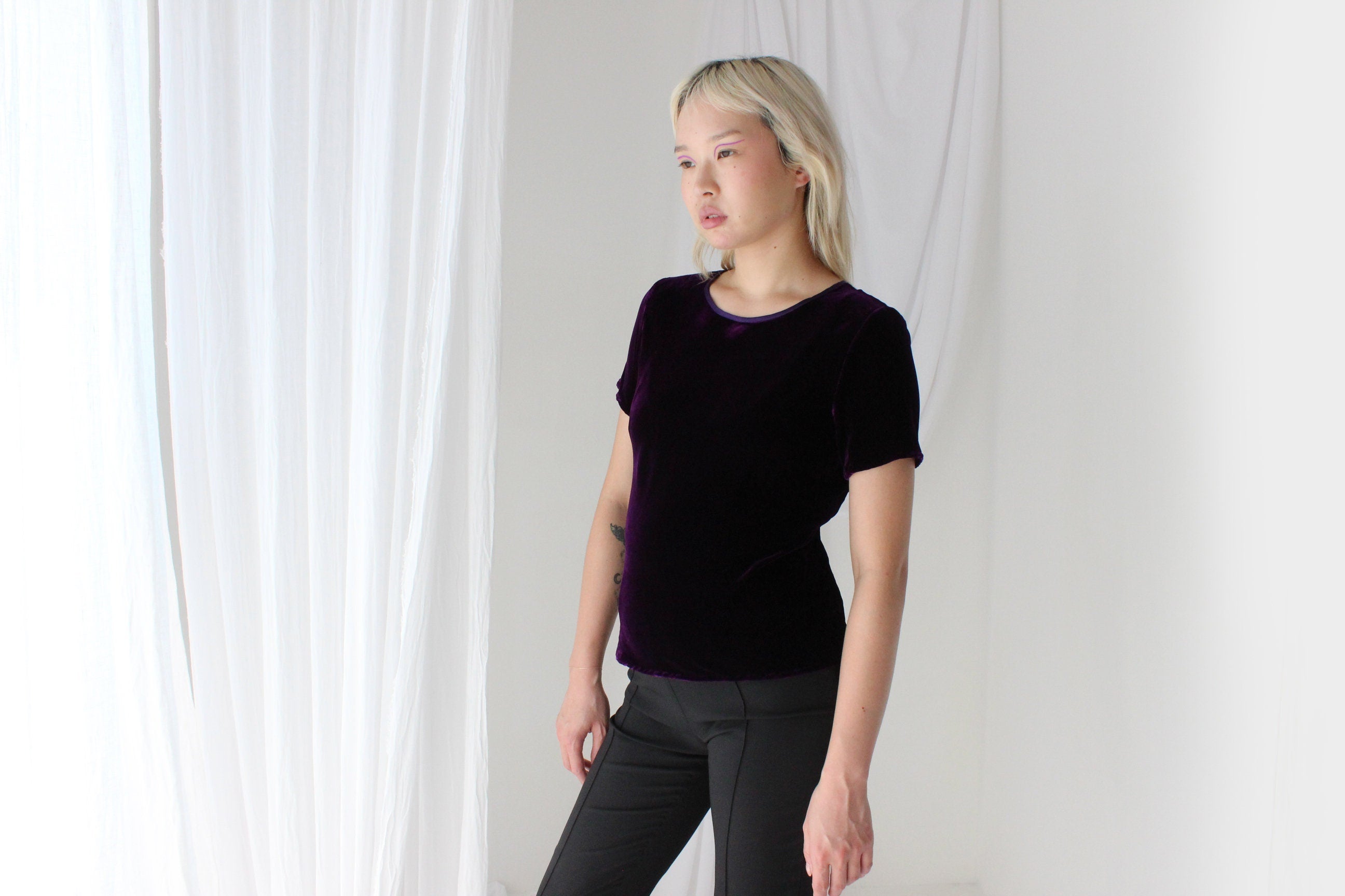 90s SILK VELVET Deep Purple Bias Cut Tee