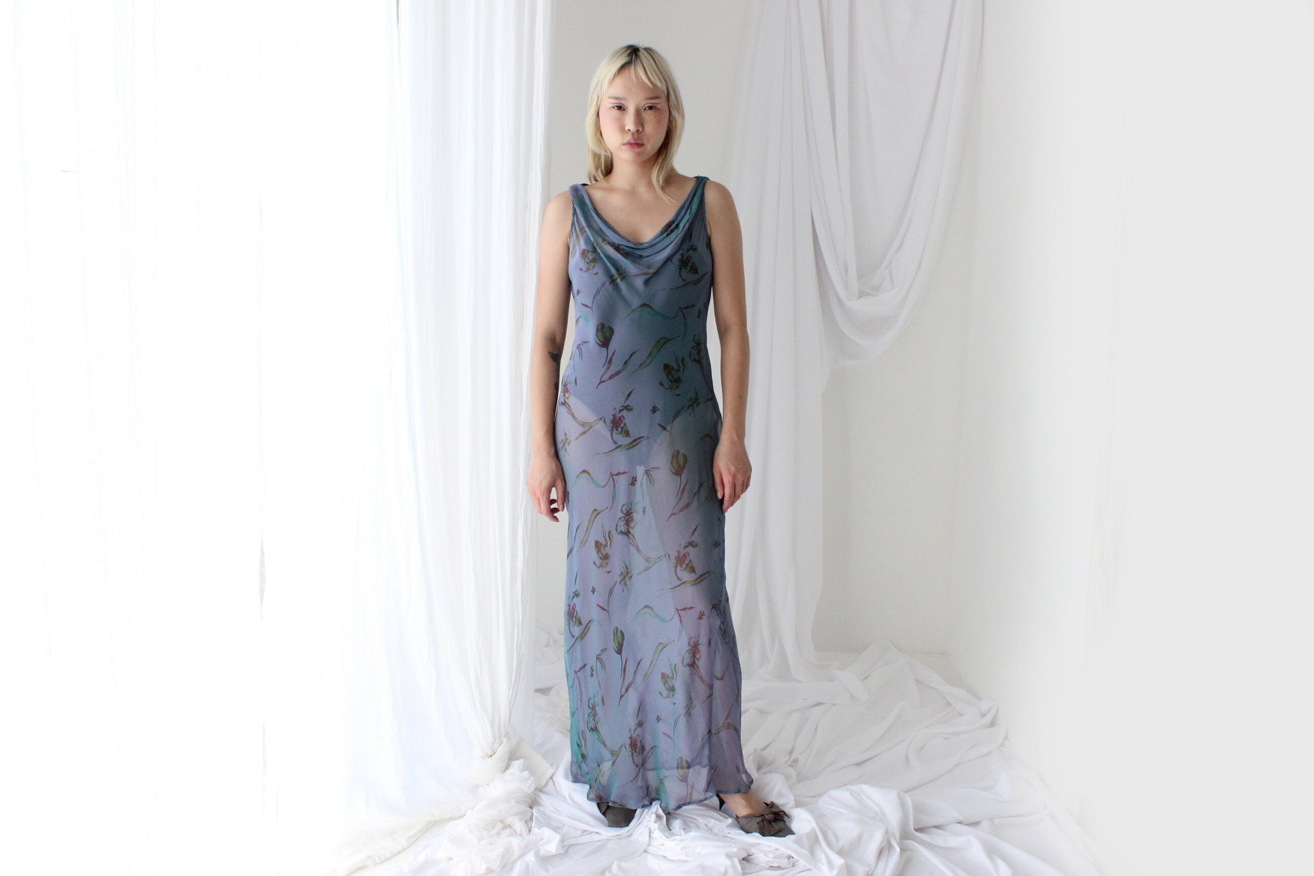 Y2K PURE SILK Teal Shimmer Sheer Cowl Neck Gown