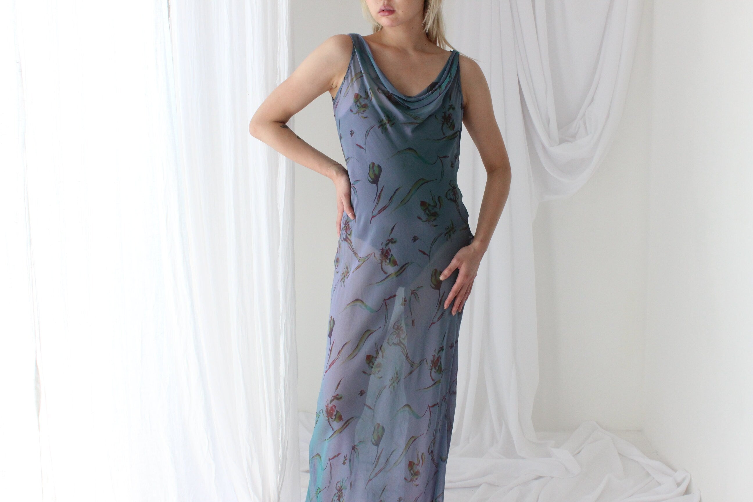 Y2K PURE SILK Teal Shimmer Sheer Cowl Neck Gown