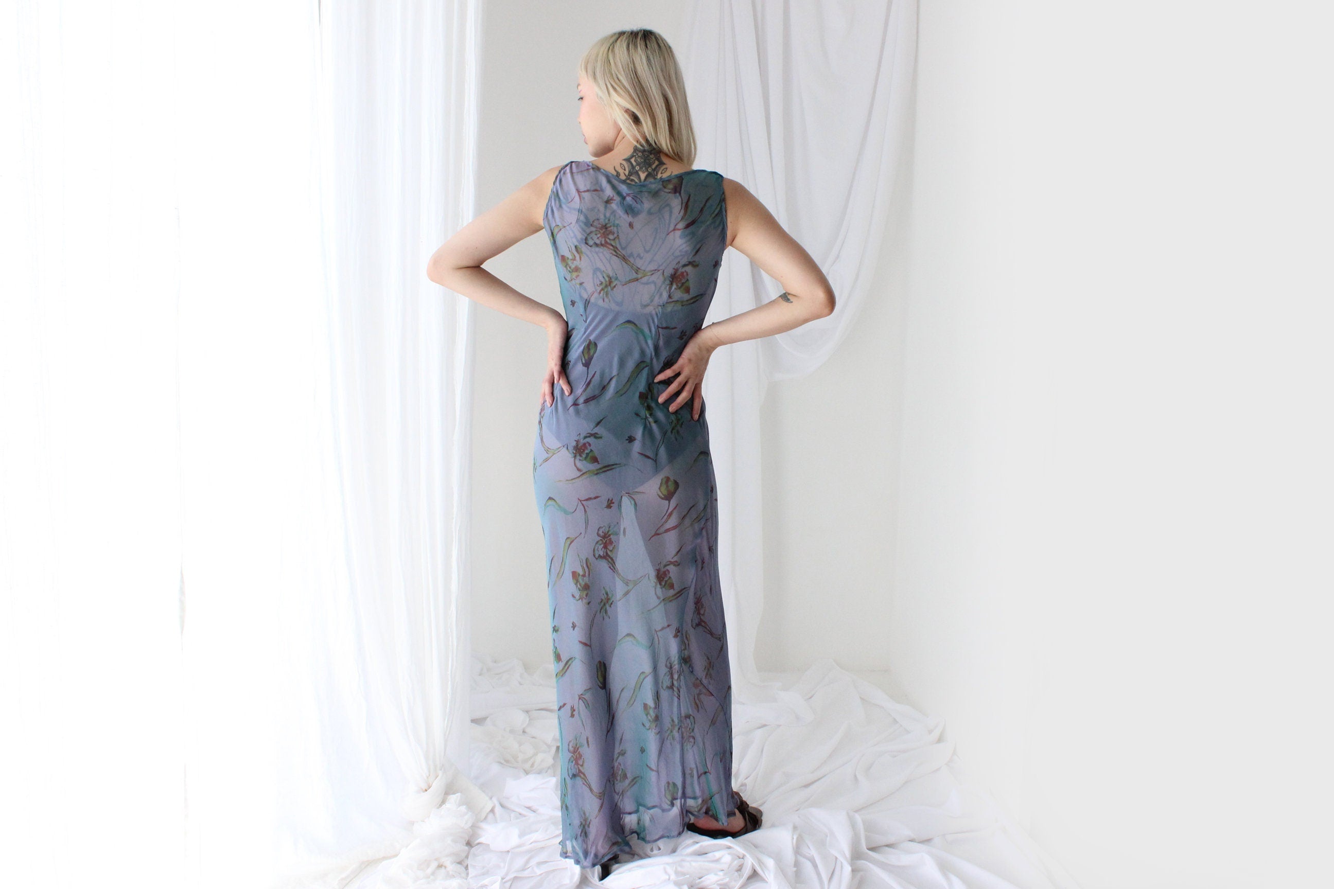 Y2K PURE SILK Teal Shimmer Sheer Cowl Neck Gown