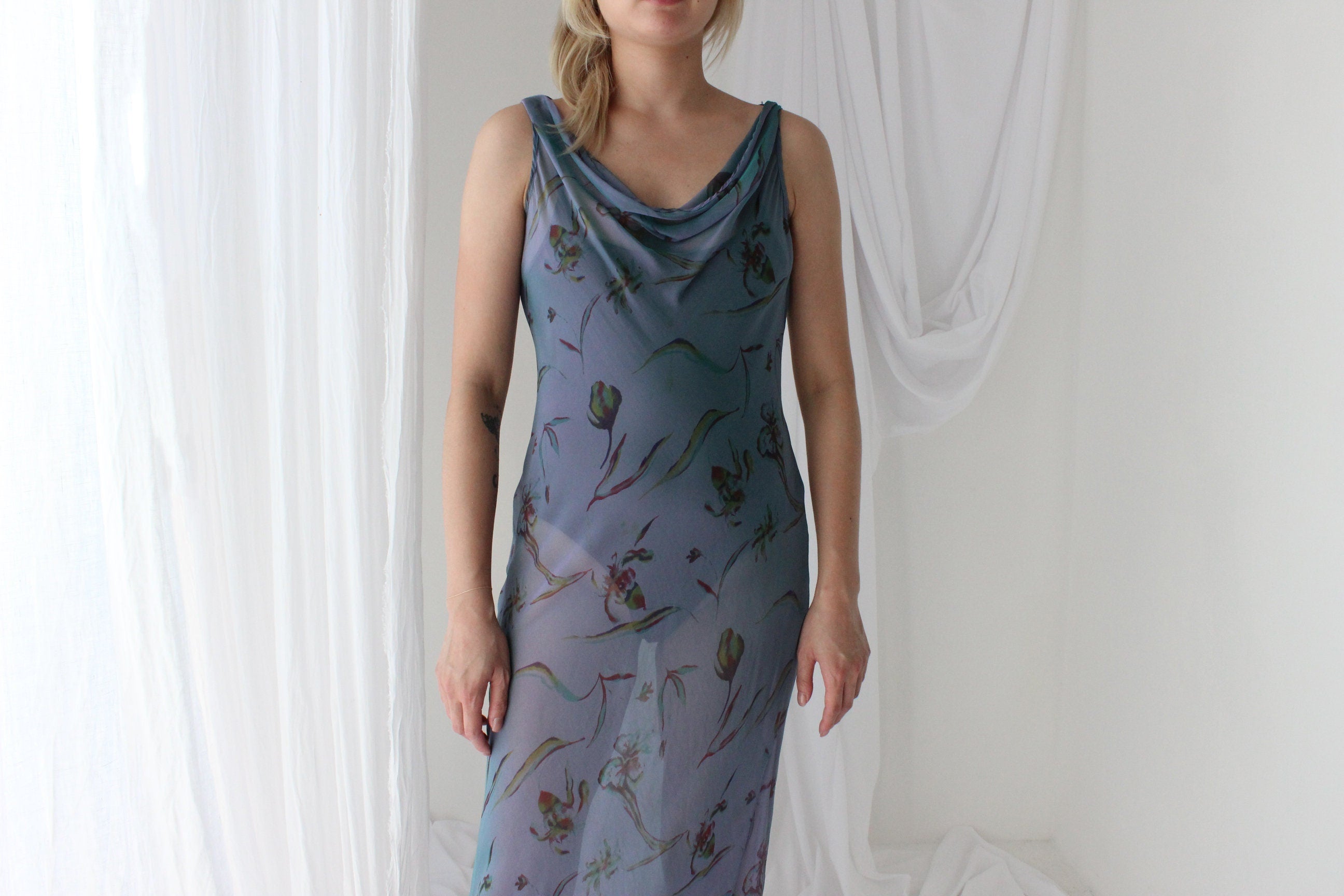 Y2K PURE SILK Teal Shimmer Sheer Cowl Neck Gown