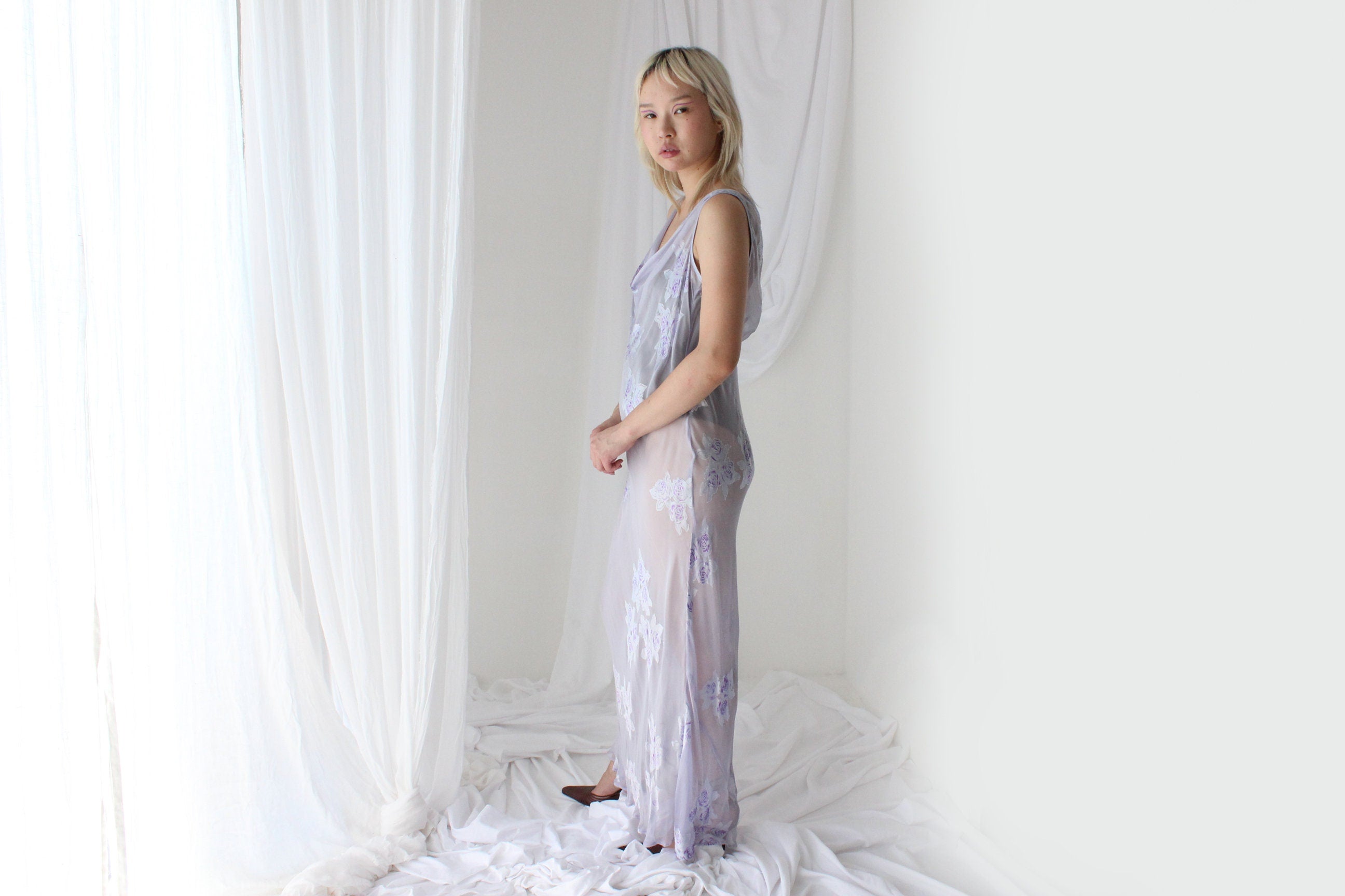 Y2K PURE SILK Sheer Pastel Cowl Neck Bias Cut Gown