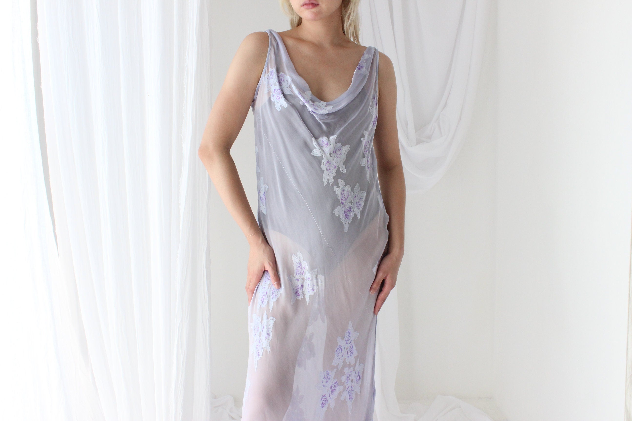 Y2K PURE SILK Sheer Pastel Cowl Neck Bias Cut Gown