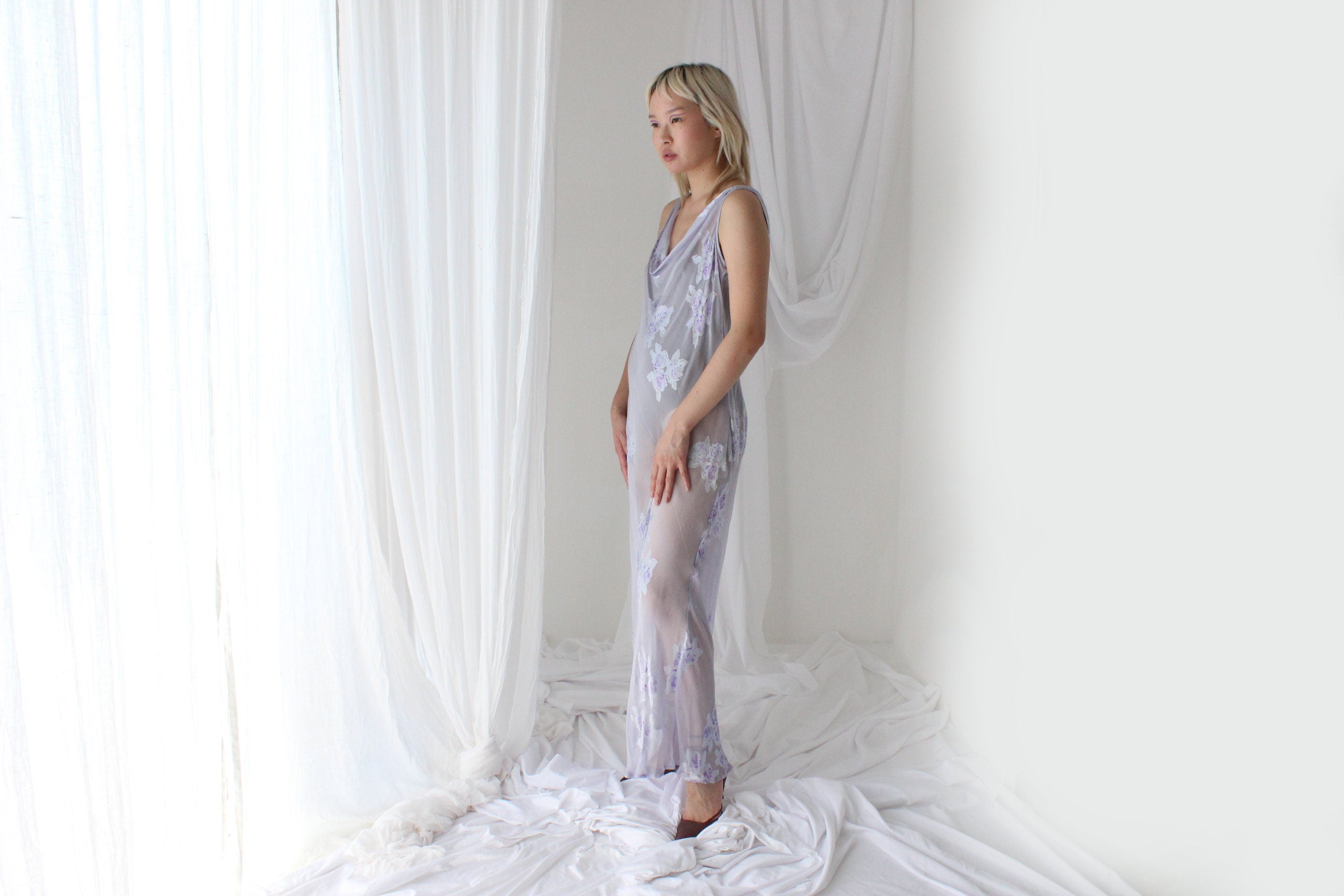 Y2K PURE SILK Sheer Pastel Cowl Neck Bias Cut Gown