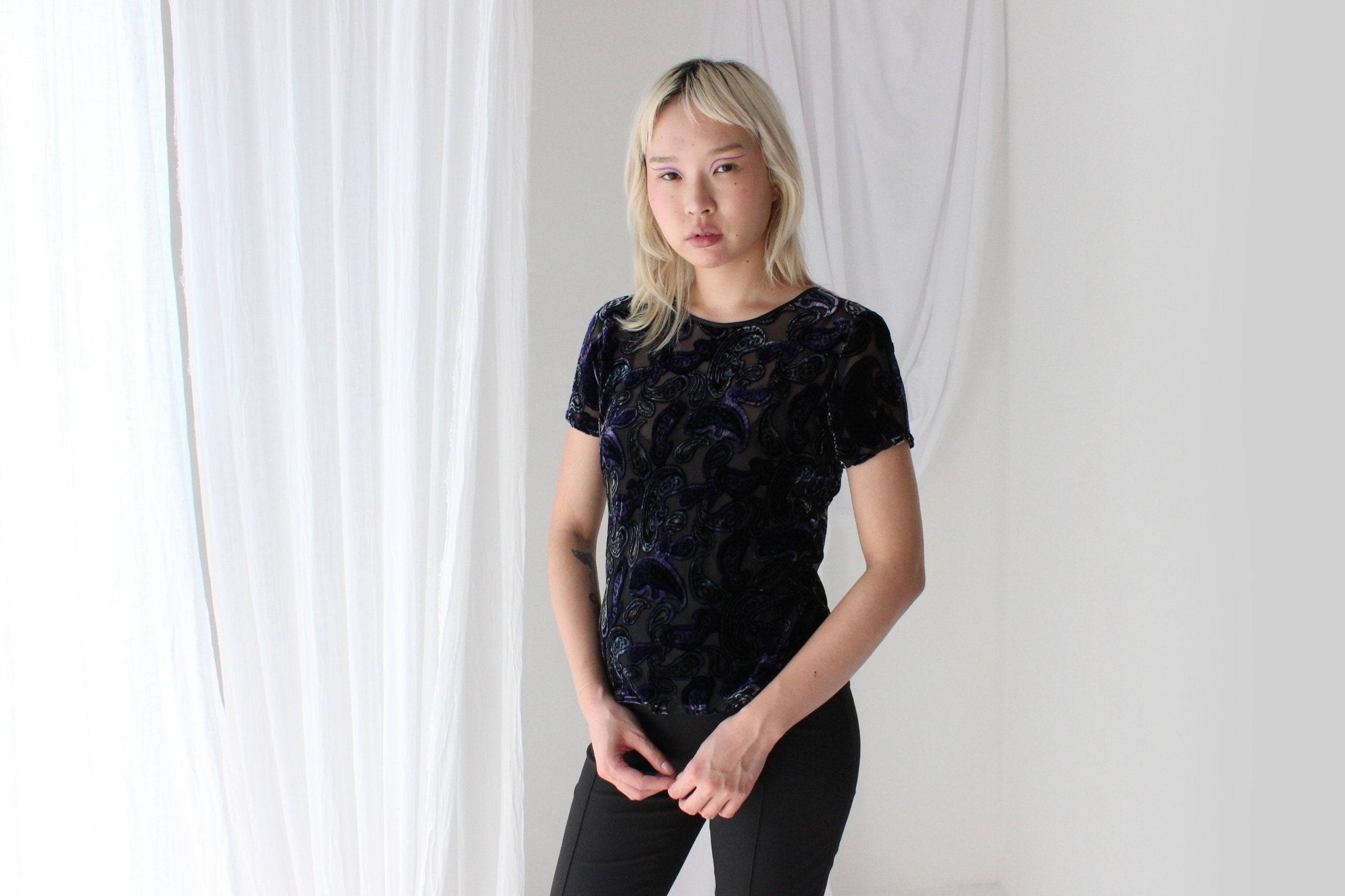 90s Silk Velvet Paisley Burnout Bias Cut Tee