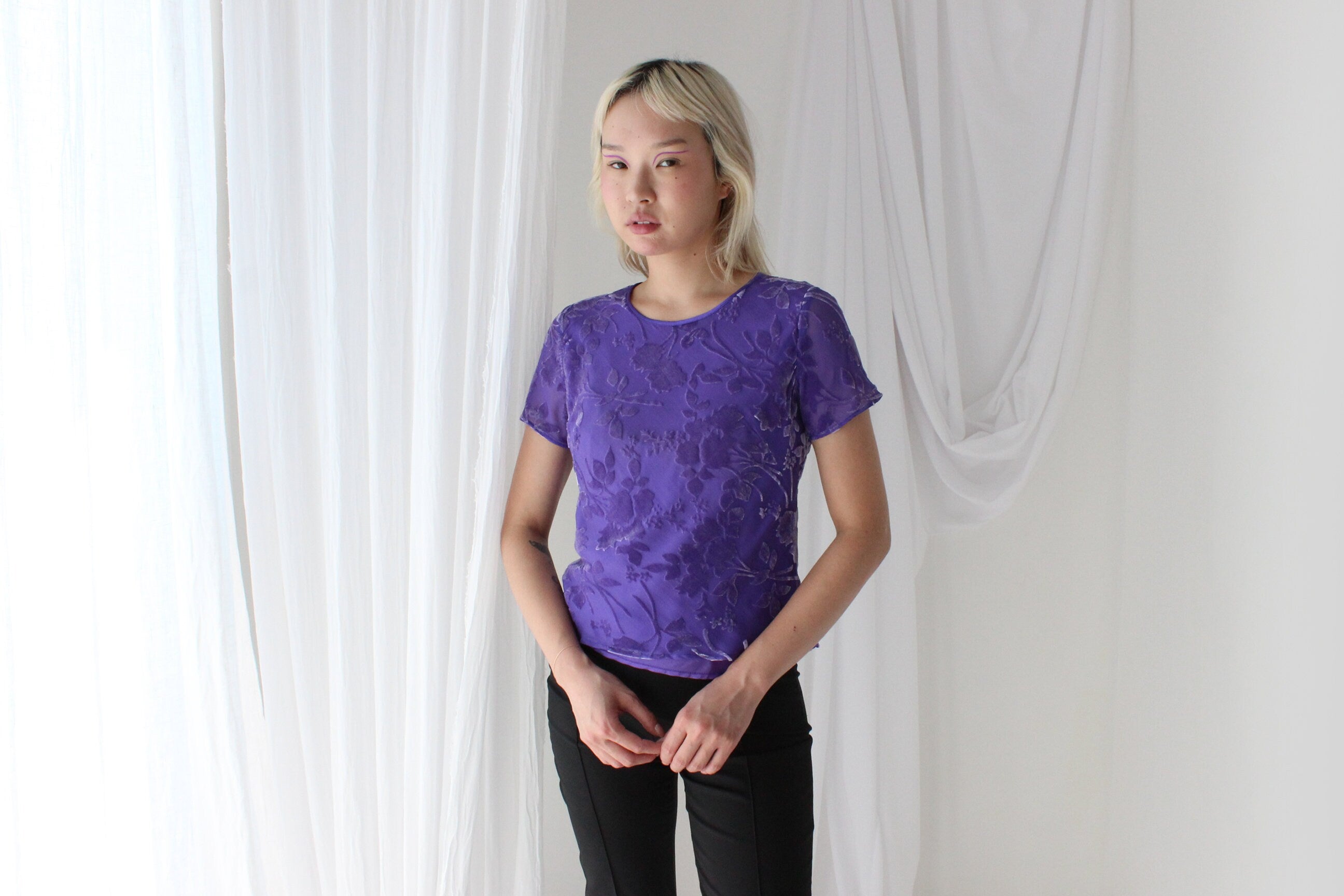 90s SILK VELVET Floral Burnout Bias Cut Tee