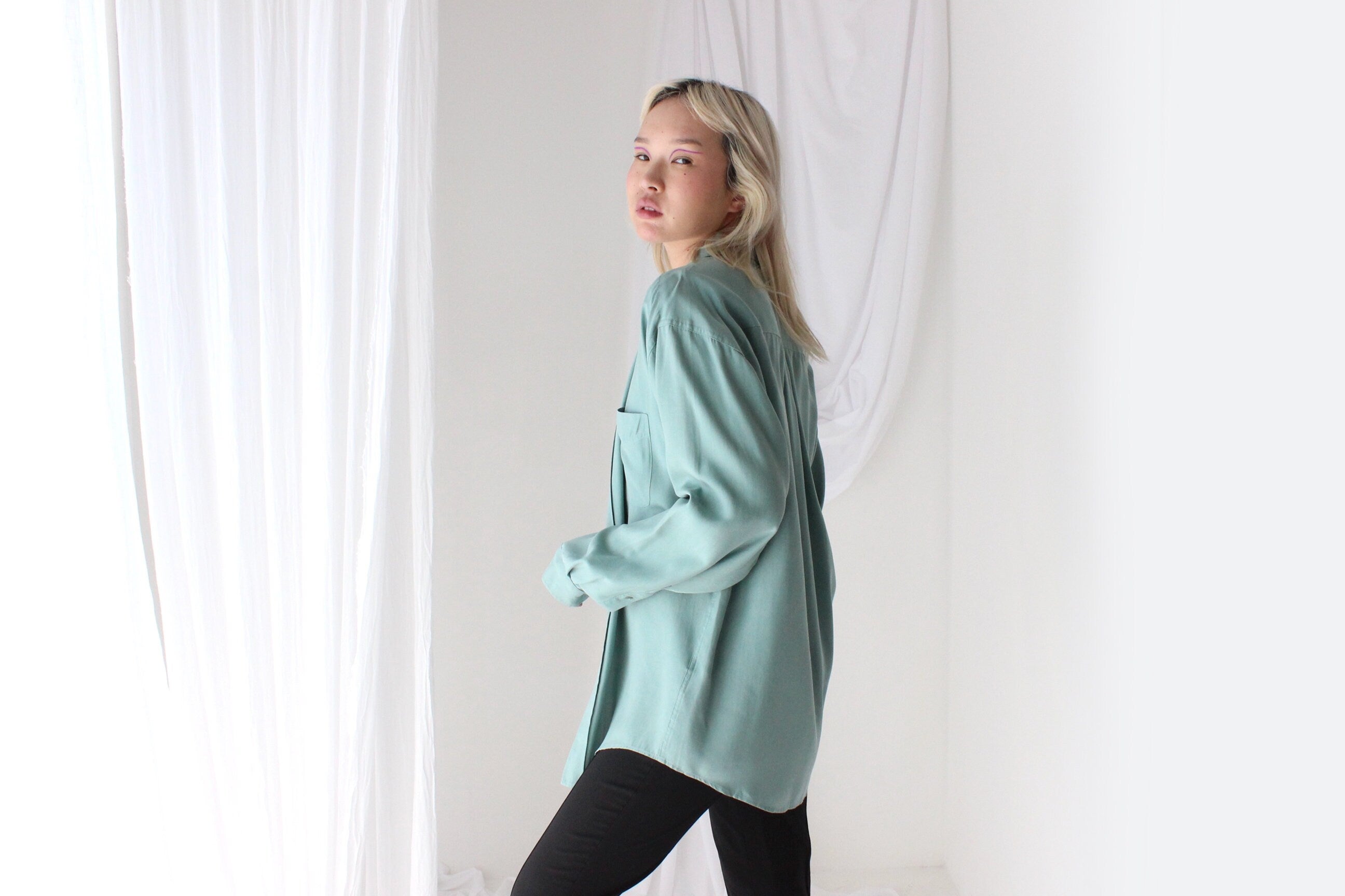 90s Pure Fuji Silk Seafoam Oversized Shirt