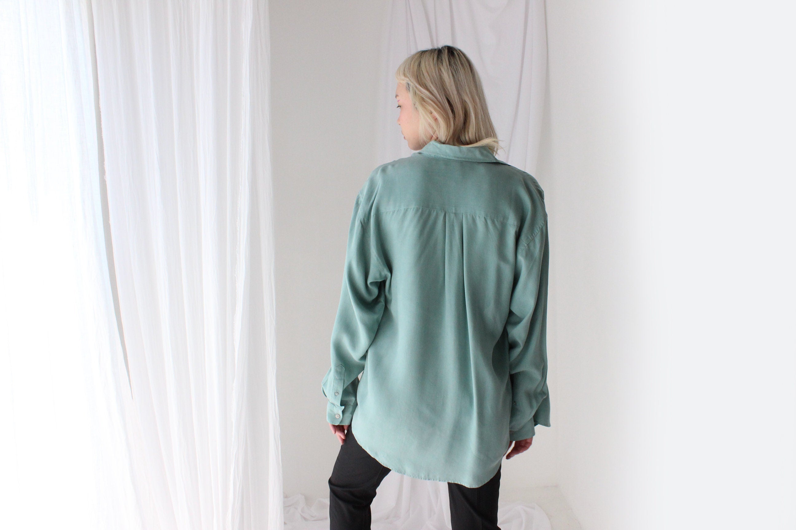 90s Pure Fuji Silk Seafoam Oversized Shirt