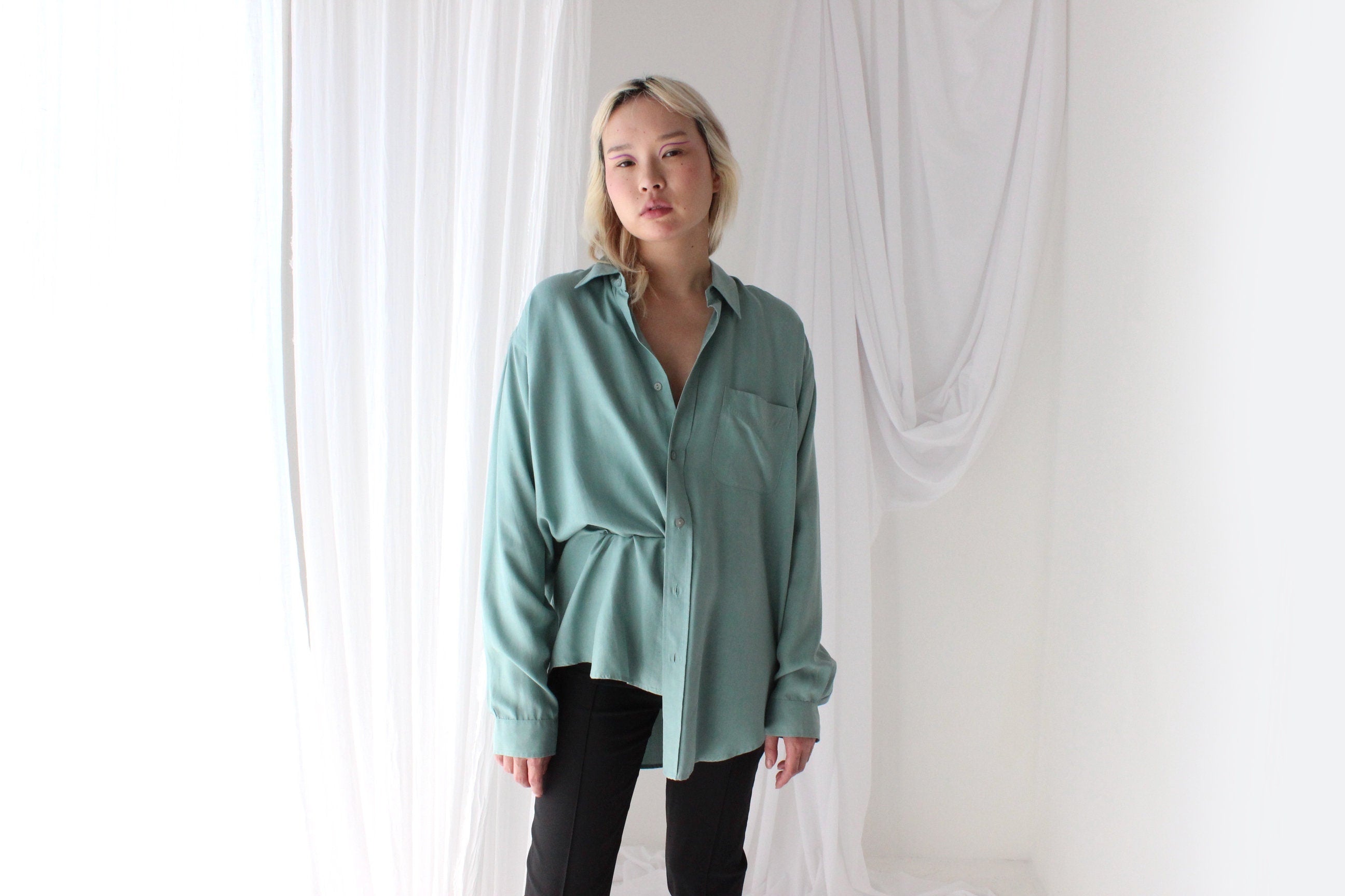 90s Pure Fuji Silk Seafoam Oversized Shirt