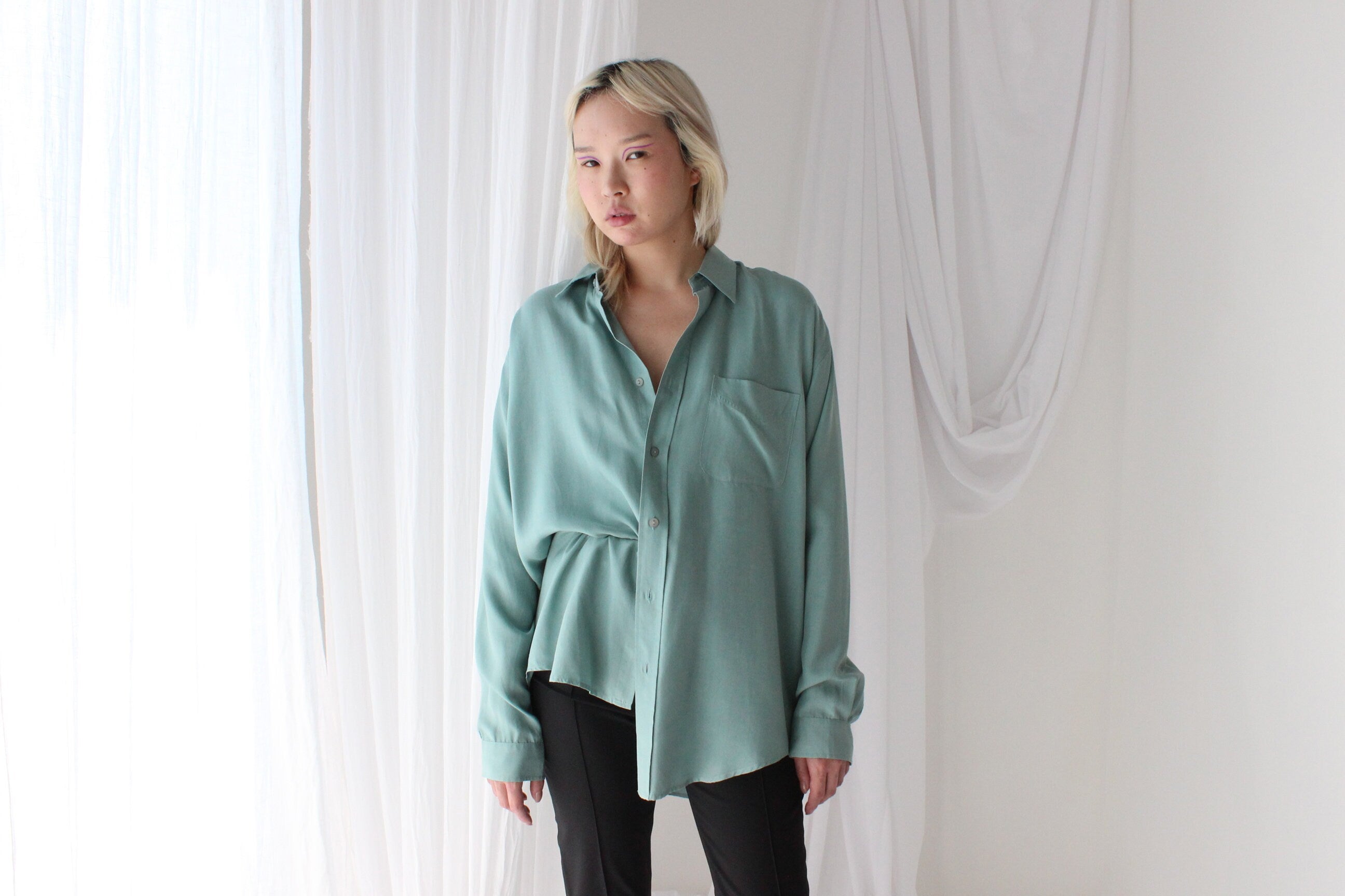 90s Pure Fuji Silk Seafoam Oversized Shirt