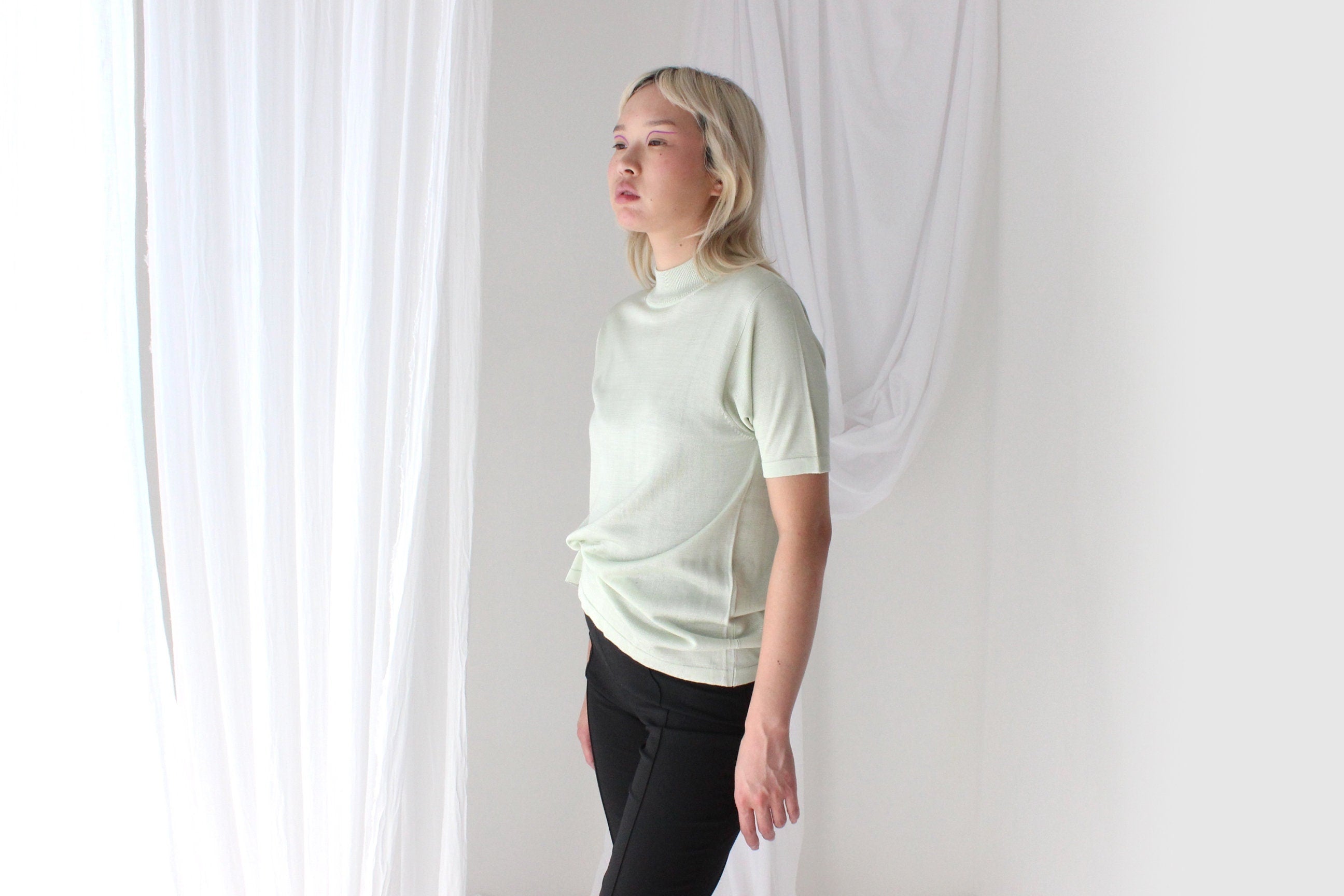 80s PURE SILK Luxury High Neck Knit in Mint