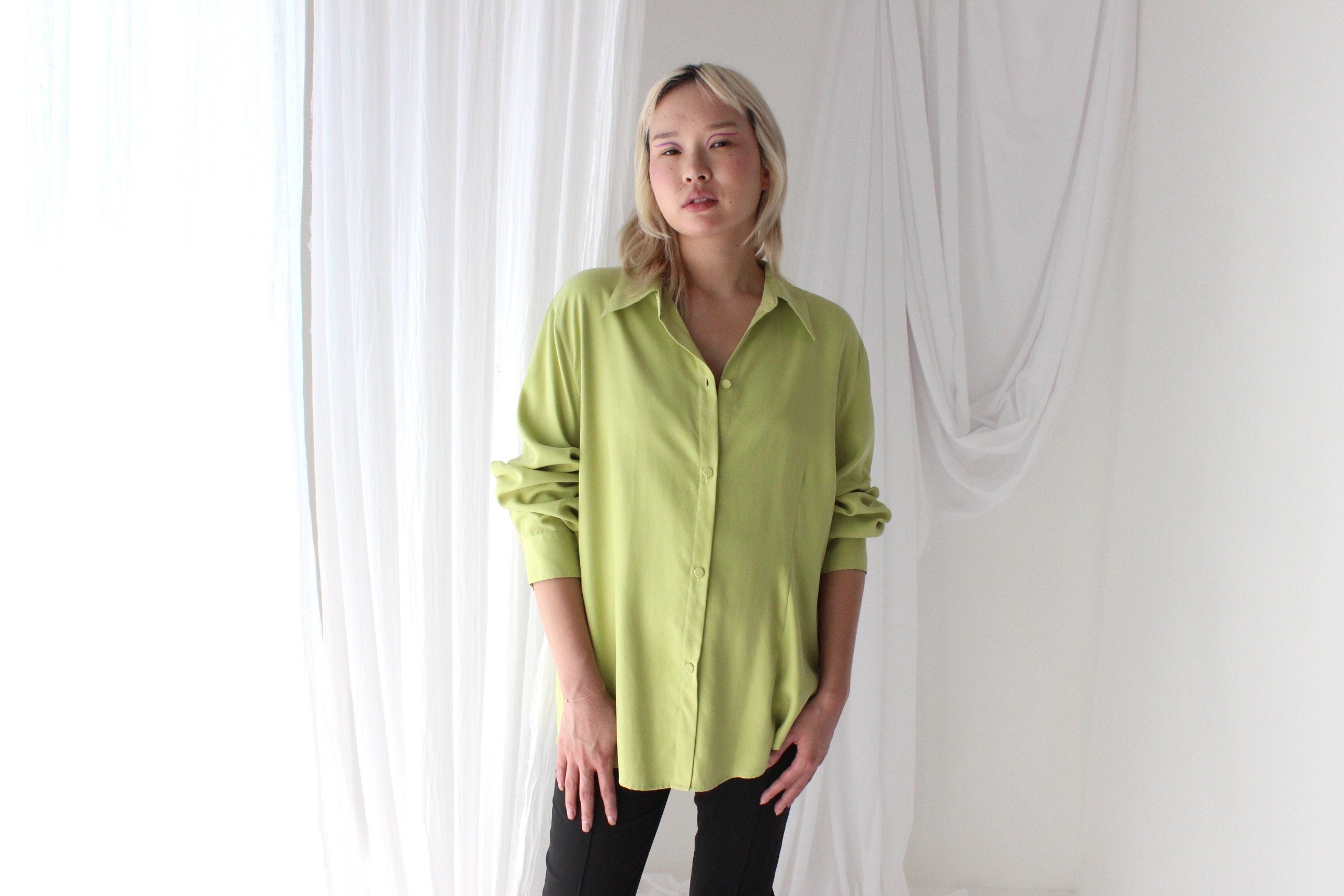 90s Pure Silk Chartreuse Oversized Button Up Shirt