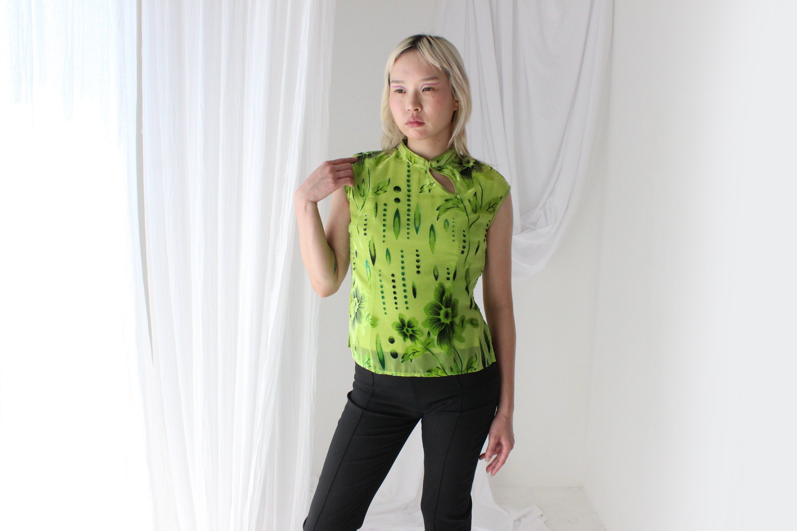 Y2K Mesh & Velvet Floral Cheongsam Collar Fitted Crop Top