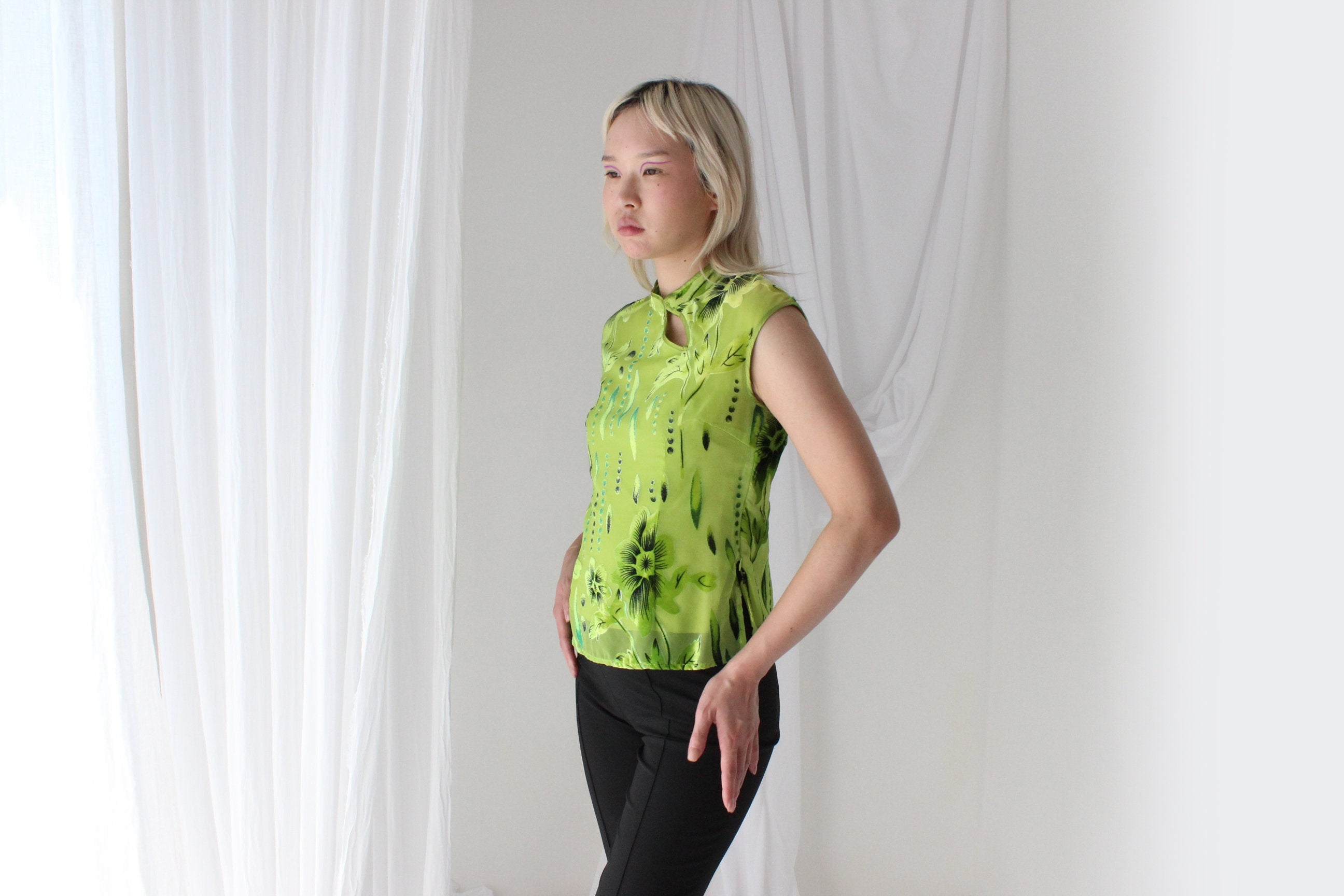 Y2K Mesh & Velvet Floral Cheongsam Collar Fitted Crop Top