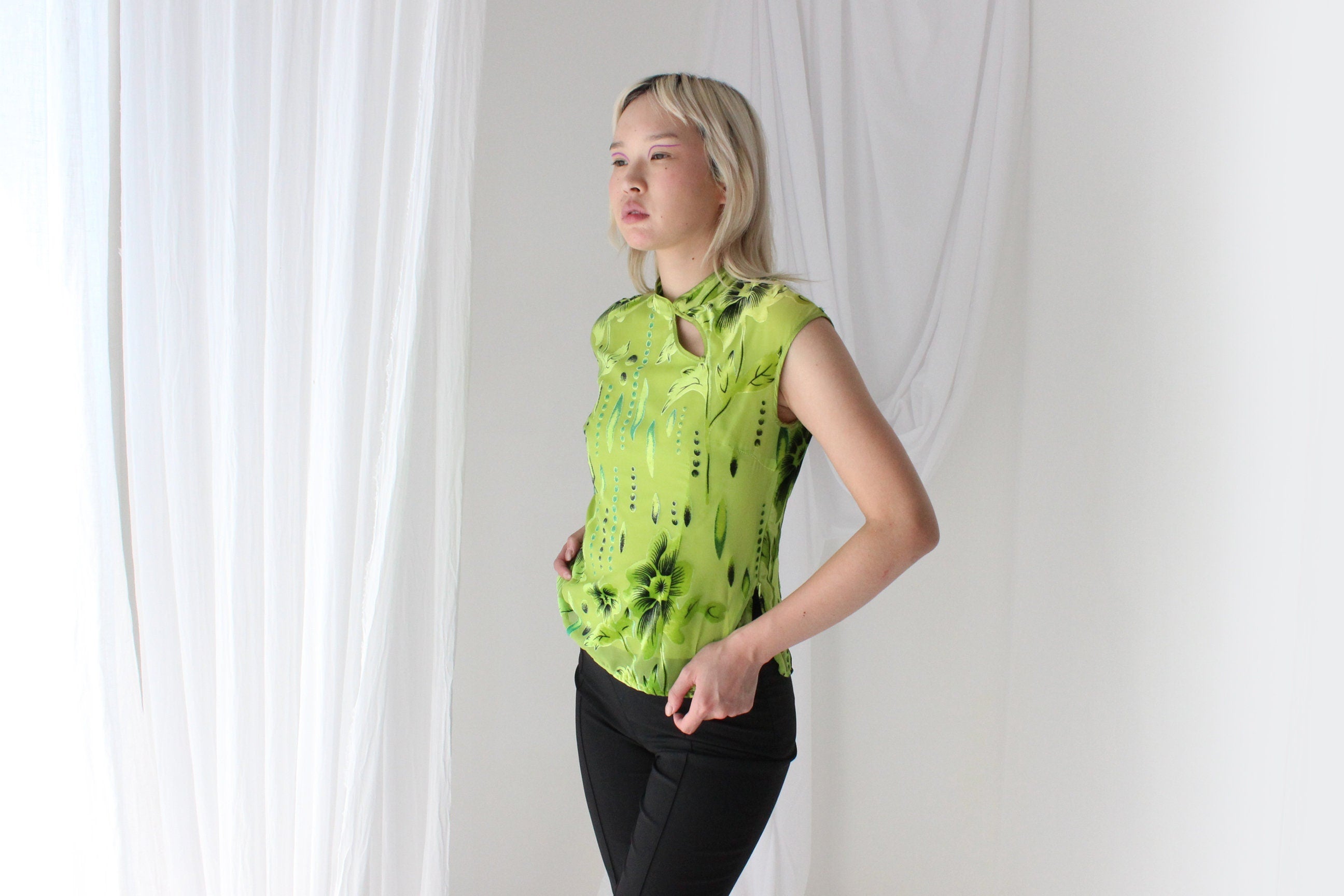 Y2K Mesh & Velvet Floral Cheongsam Collar Fitted Crop Top