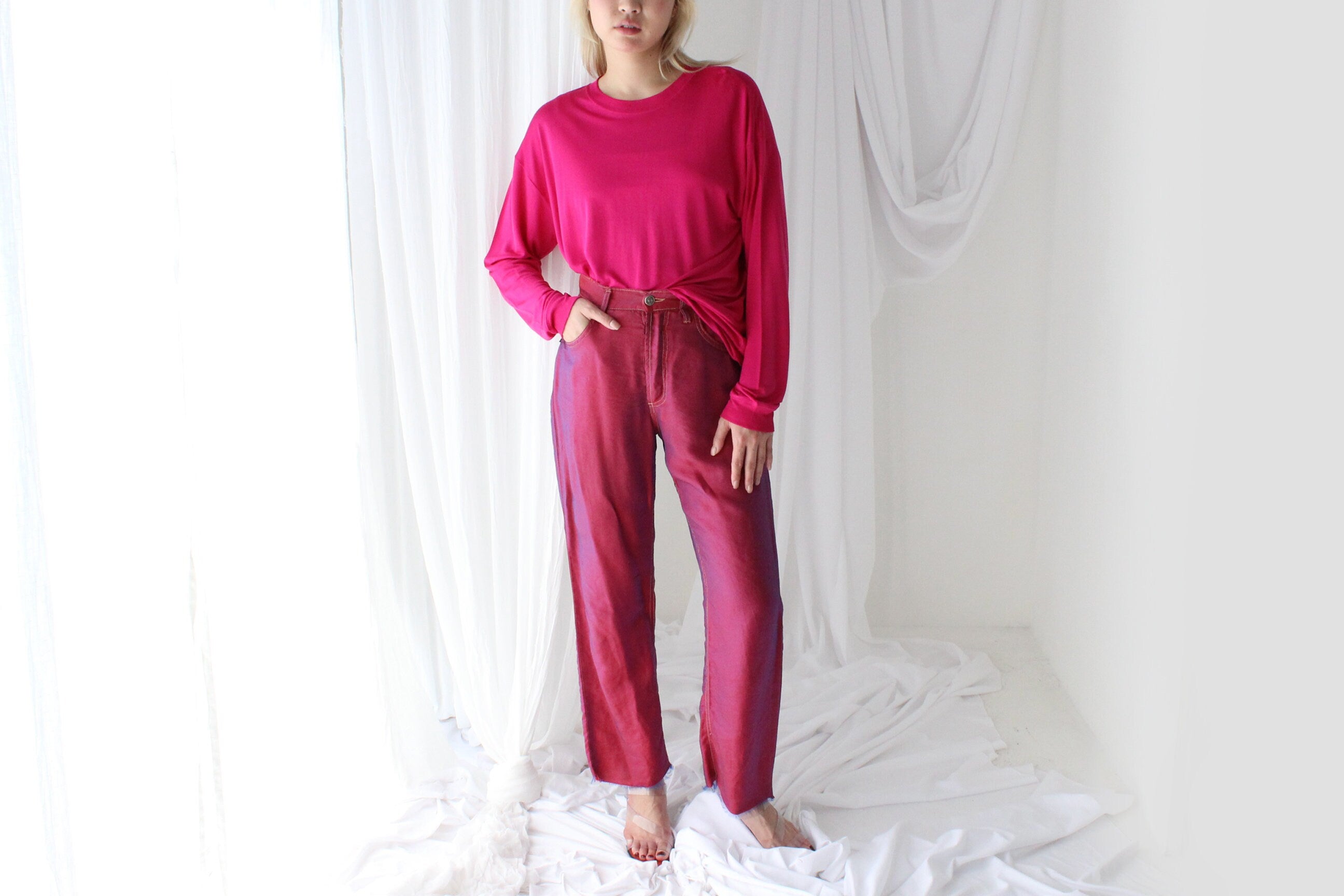 Luxury 80s PURE SILK JERSEY Minimal Slouch Top in Magenta