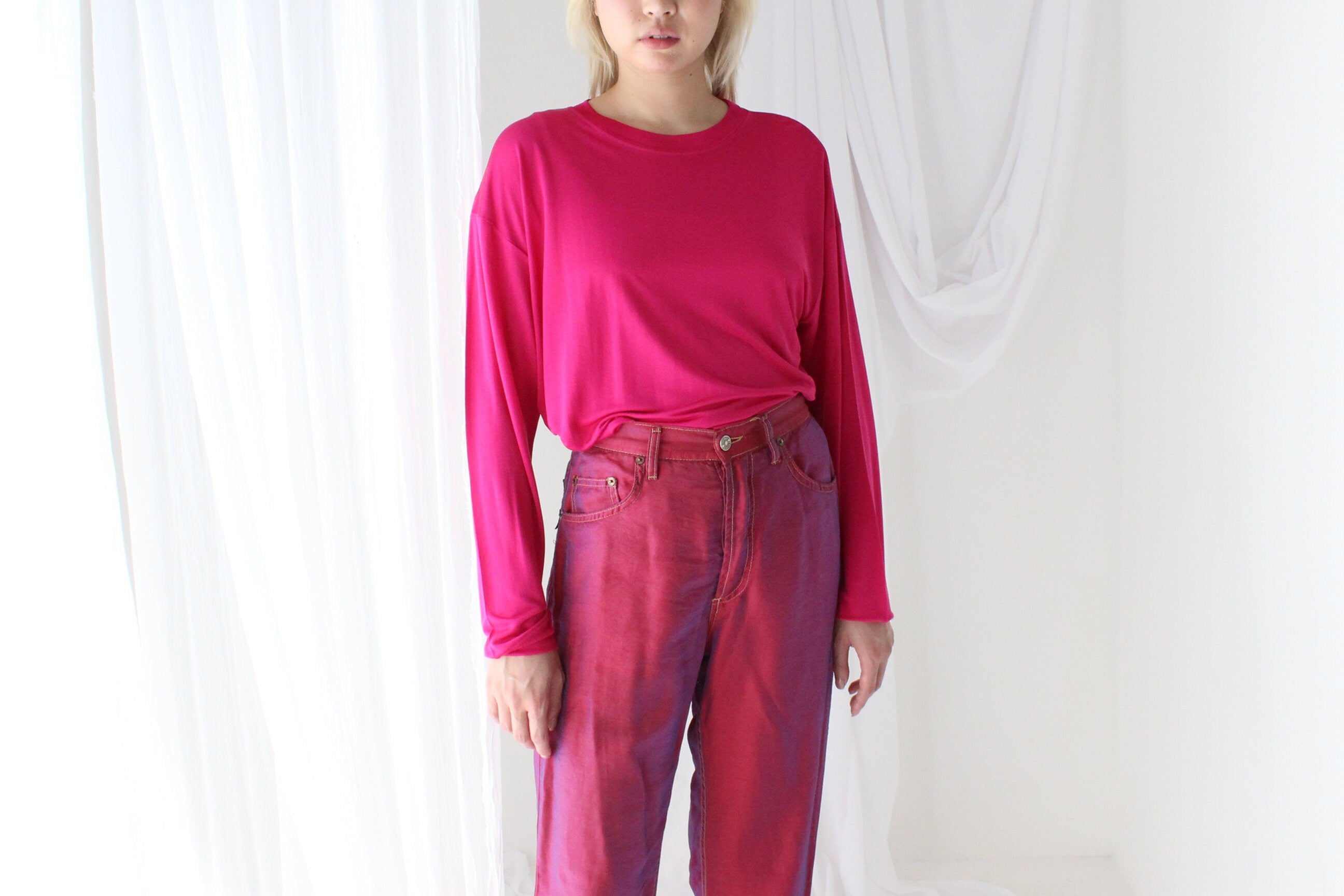 Luxury 80s PURE SILK JERSEY Minimal Slouch Top in Magenta