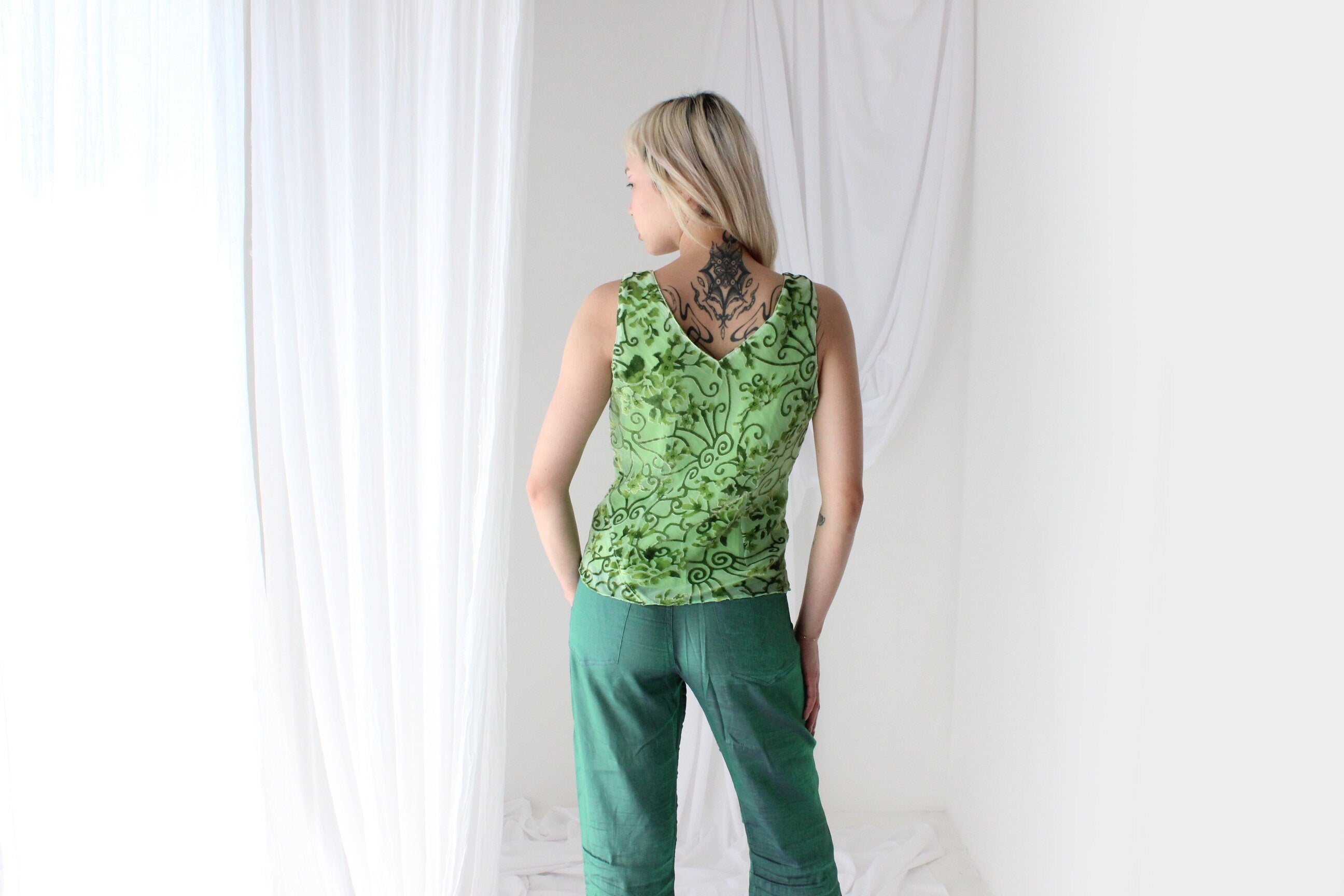 Y2K Lime Velvet Burnout V Neck Bias Cut Tank