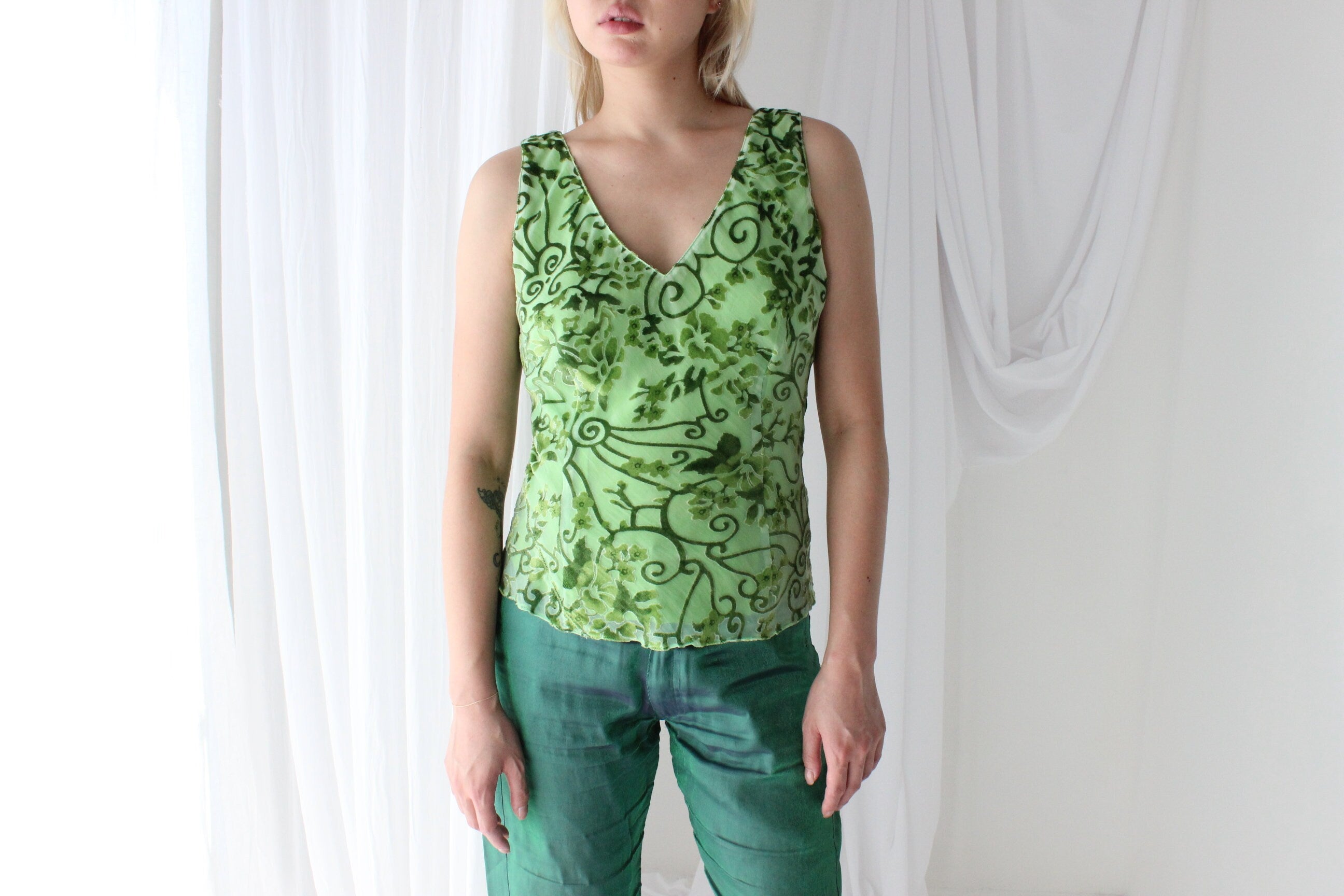Y2K Lime Velvet Burnout V Neck Bias Cut Tank