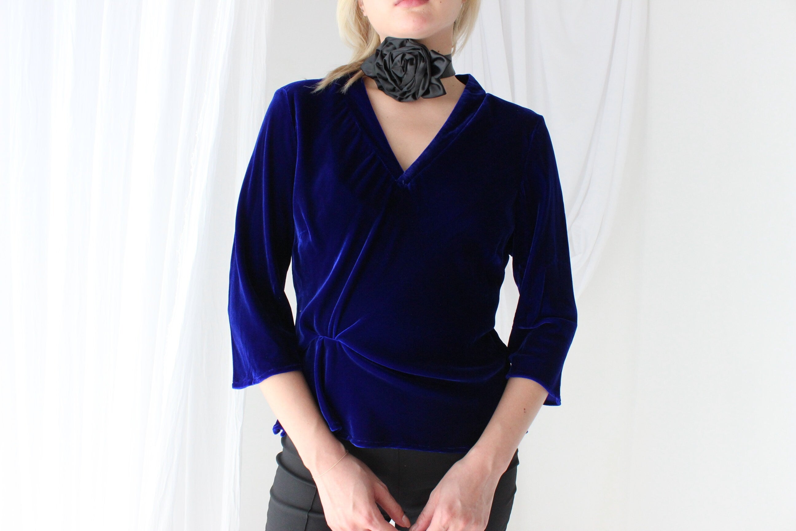 Romantic 90s SILK VELVET Deep Blue V Neck Bias Cut Top