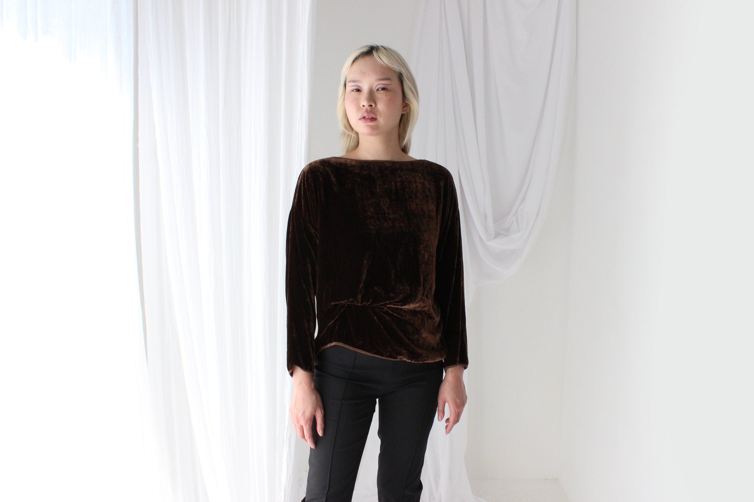 90s Chocolate Velvet Long Sleeve Slouch Top