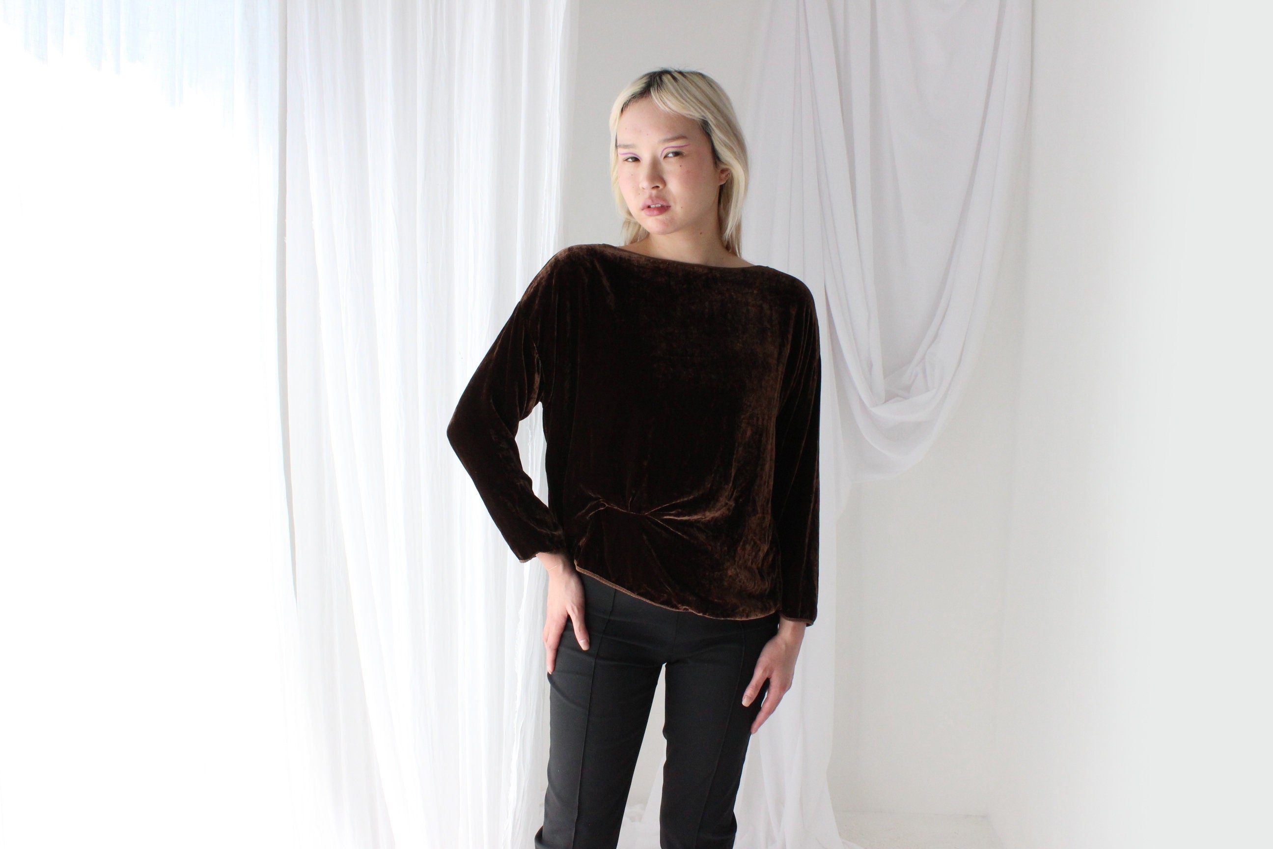 90s Chocolate Velvet Long Sleeve Slouch Top