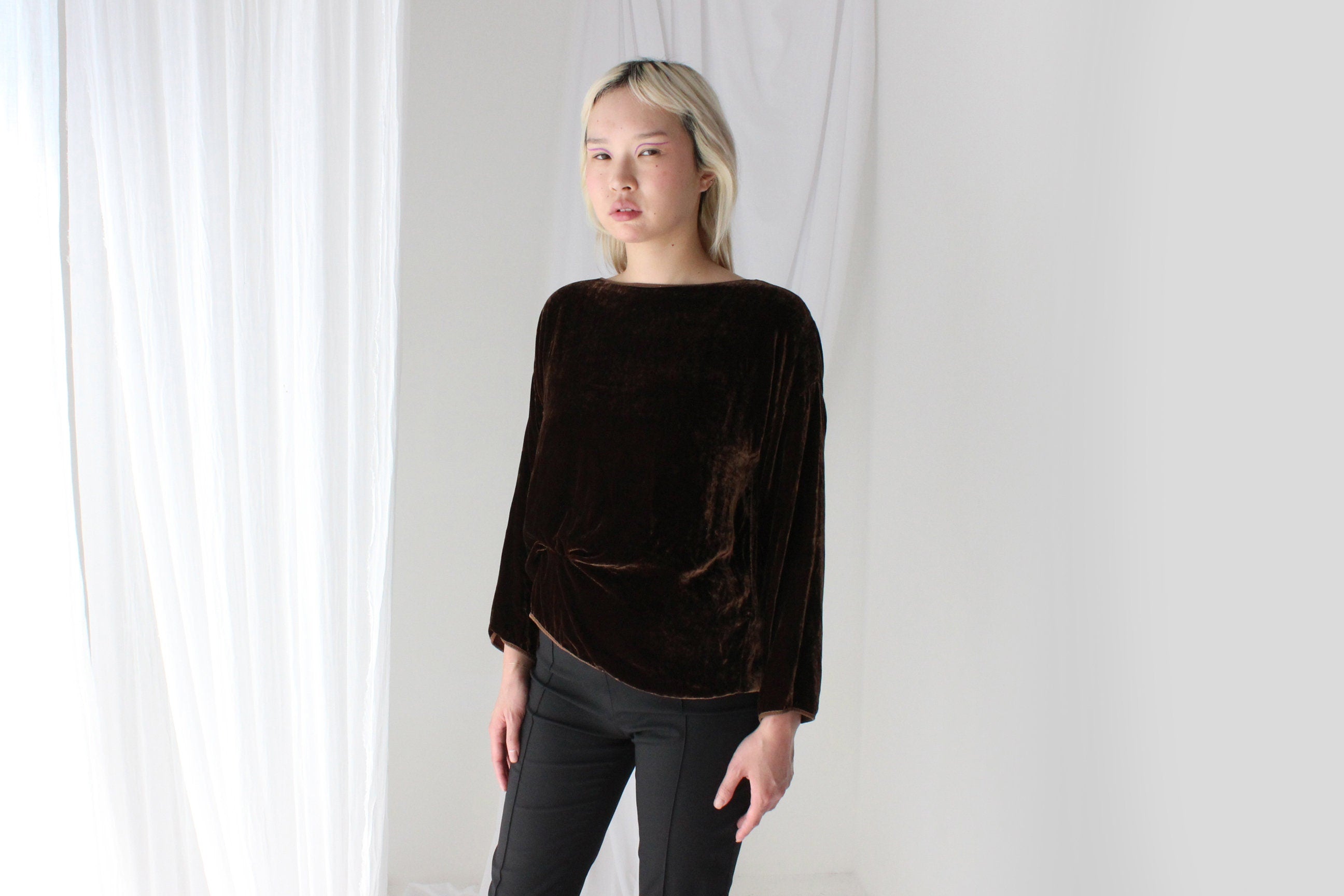 90s Chocolate Velvet Long Sleeve Slouch Top