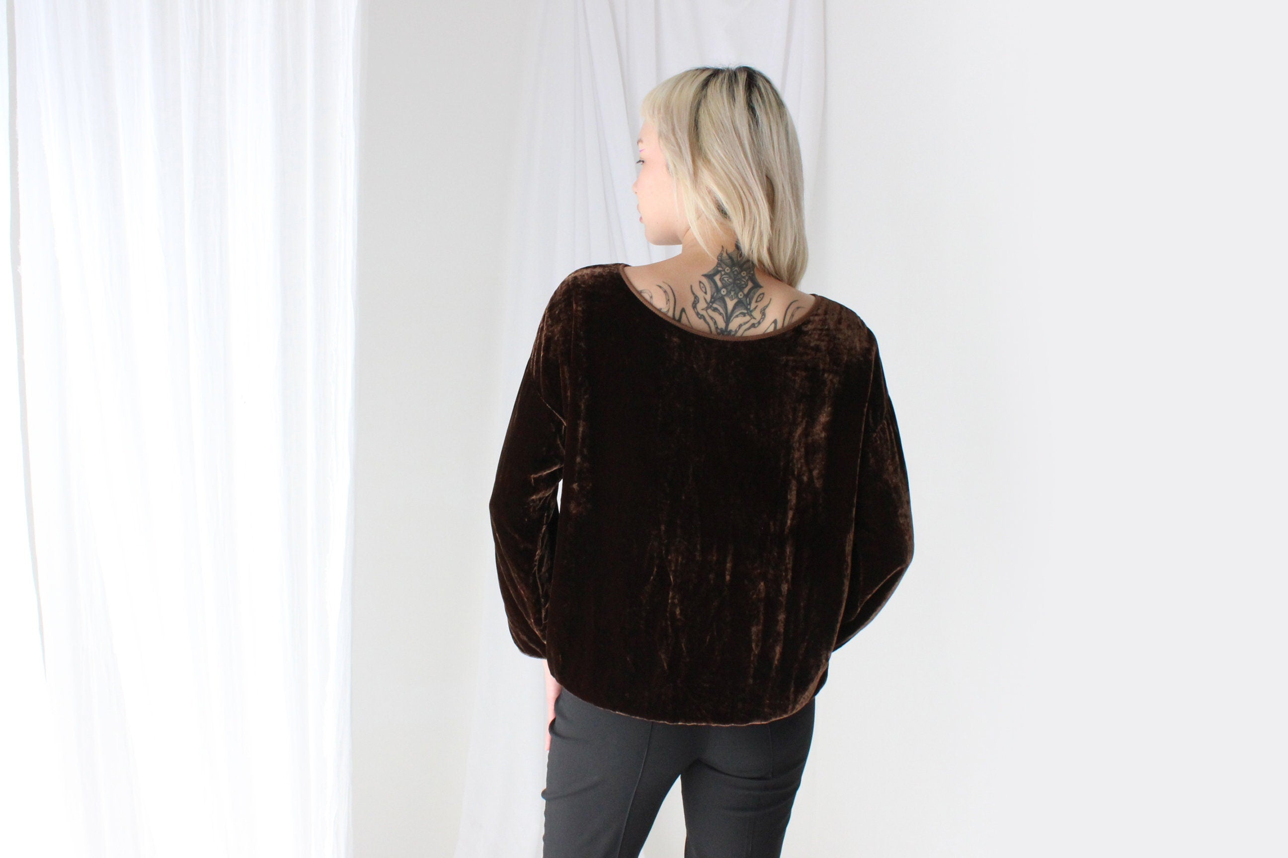 90s Chocolate Velvet Long Sleeve Slouch Top
