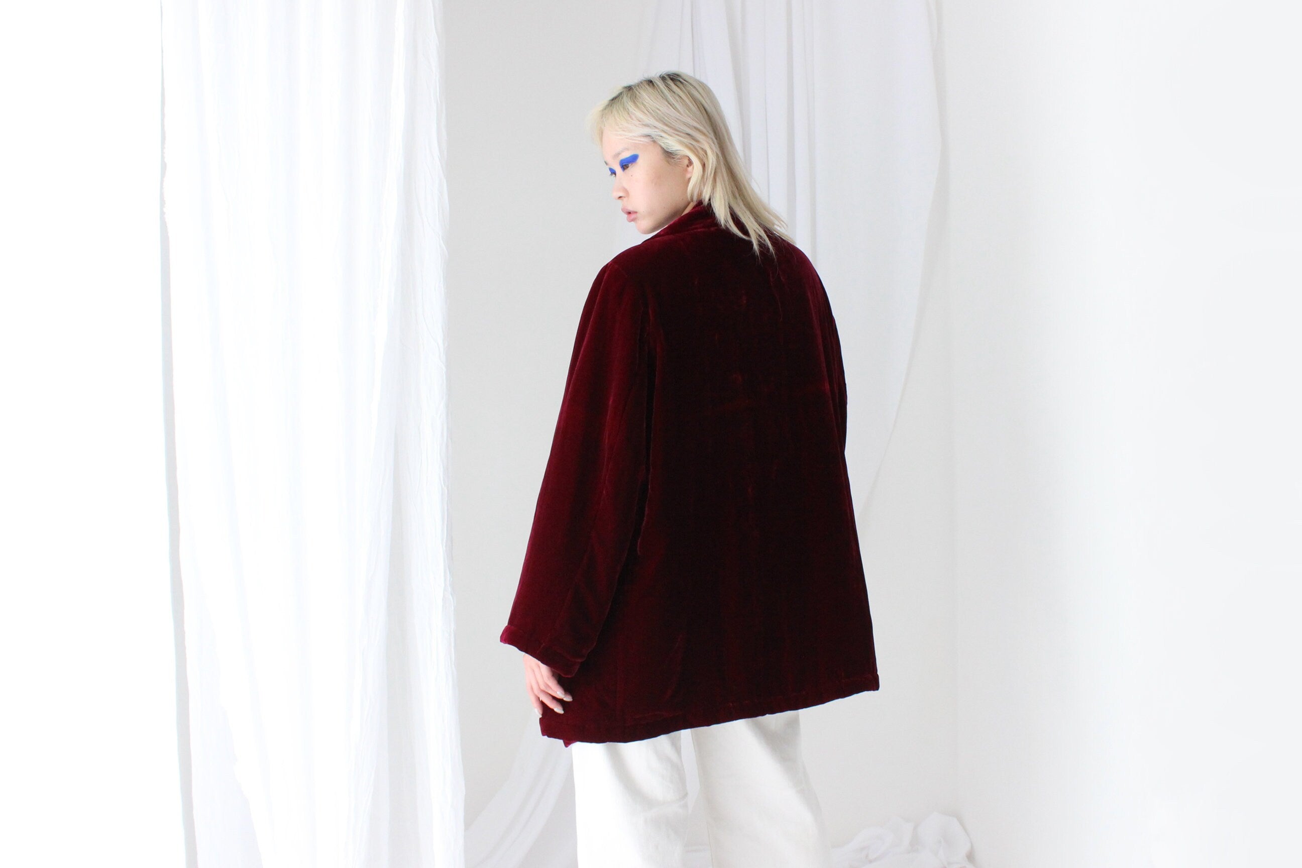 80s PURE SILK VELVET Quilted Kimono Coat in Merlot