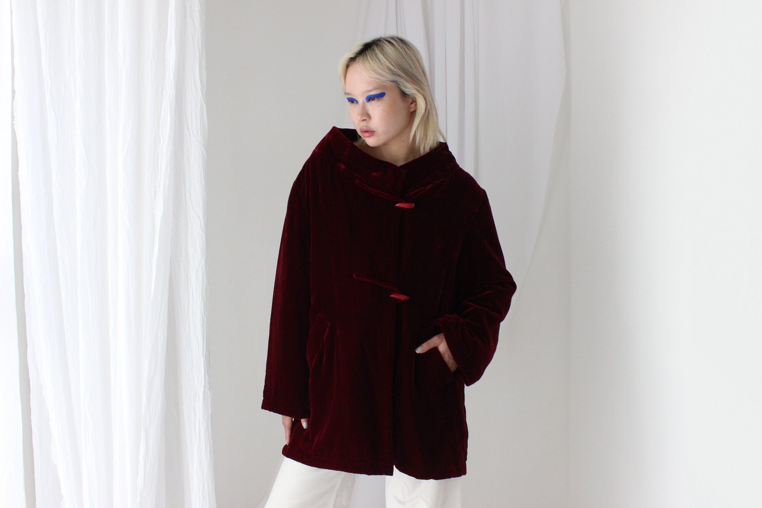 80s PURE SILK VELVET Quilted Kimono Coat in Merlot