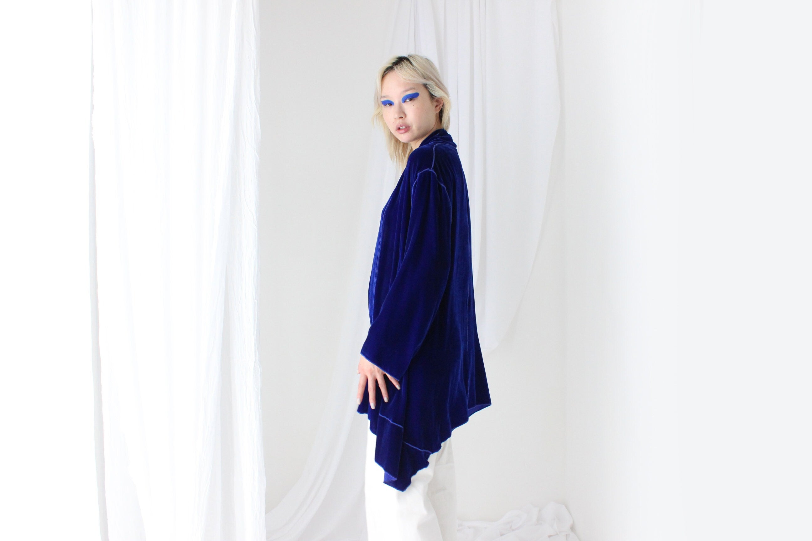 Luxury 90s PURE SILK VELVET Cobalt Kimono Robe Jacket