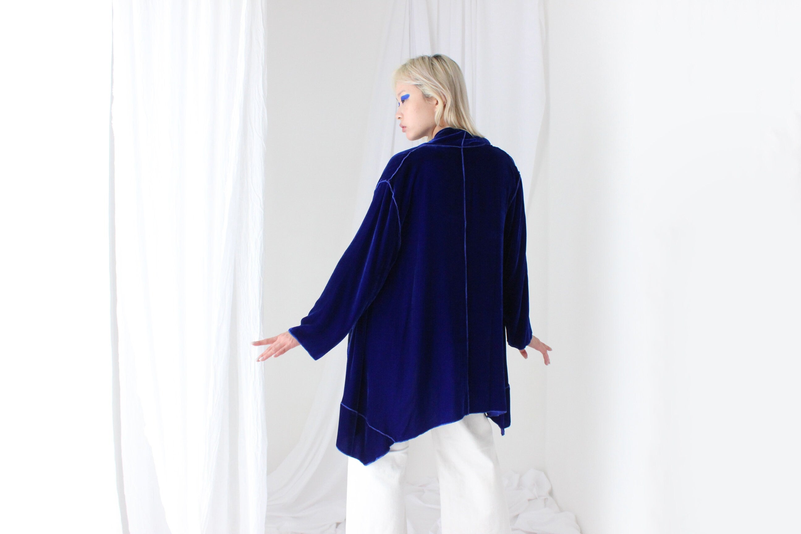 Luxury 90s PURE SILK VELVET Cobalt Kimono Robe Jacket